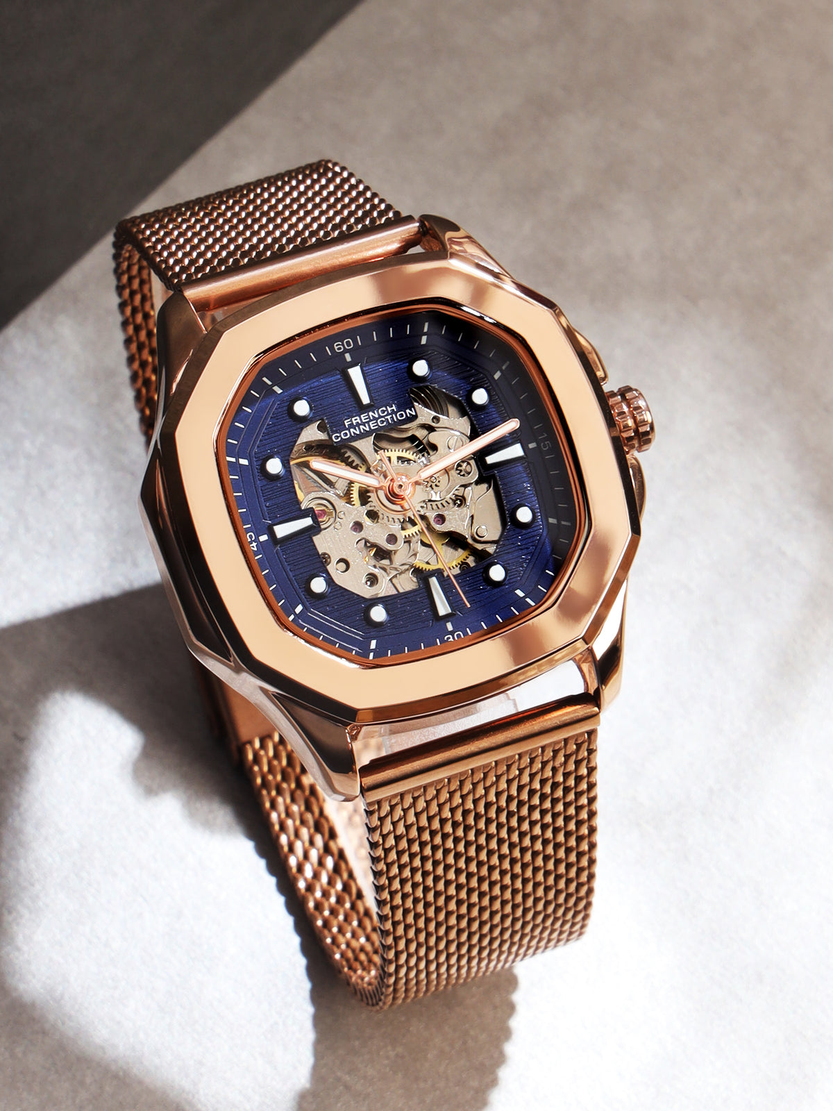 French Connection FCA13RGM Men's Automatic Watch – Blue Dial with Rose Gold Mesh Strap
