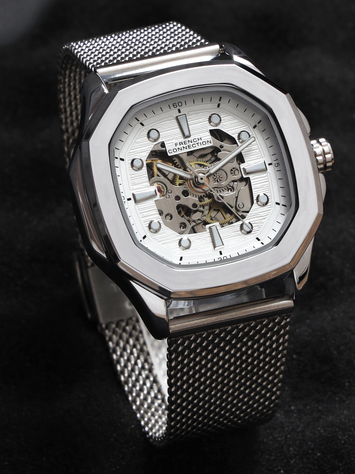 French Connection Men's Automatic Watch Silver Mesh Strap & Silver Dial