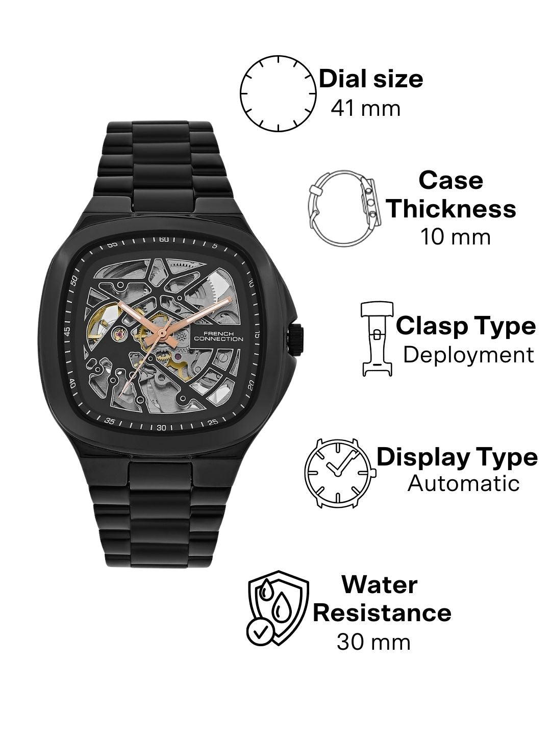 French Connection See Through Black Square Dial With Stainless Steel Strap Automatic Watch - For Mens FCA16BM