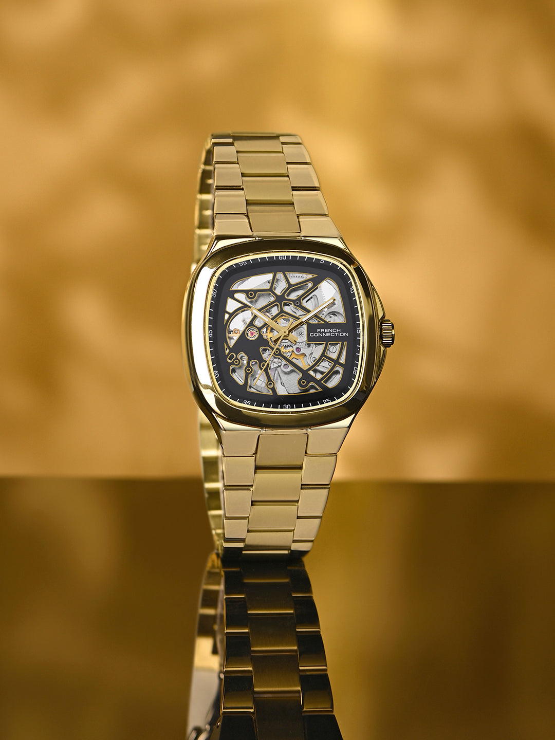 French Connection See Through Black Square Dial With Gold Stainless Steel Strap Automatic Watch - For Mens FCA16GM
