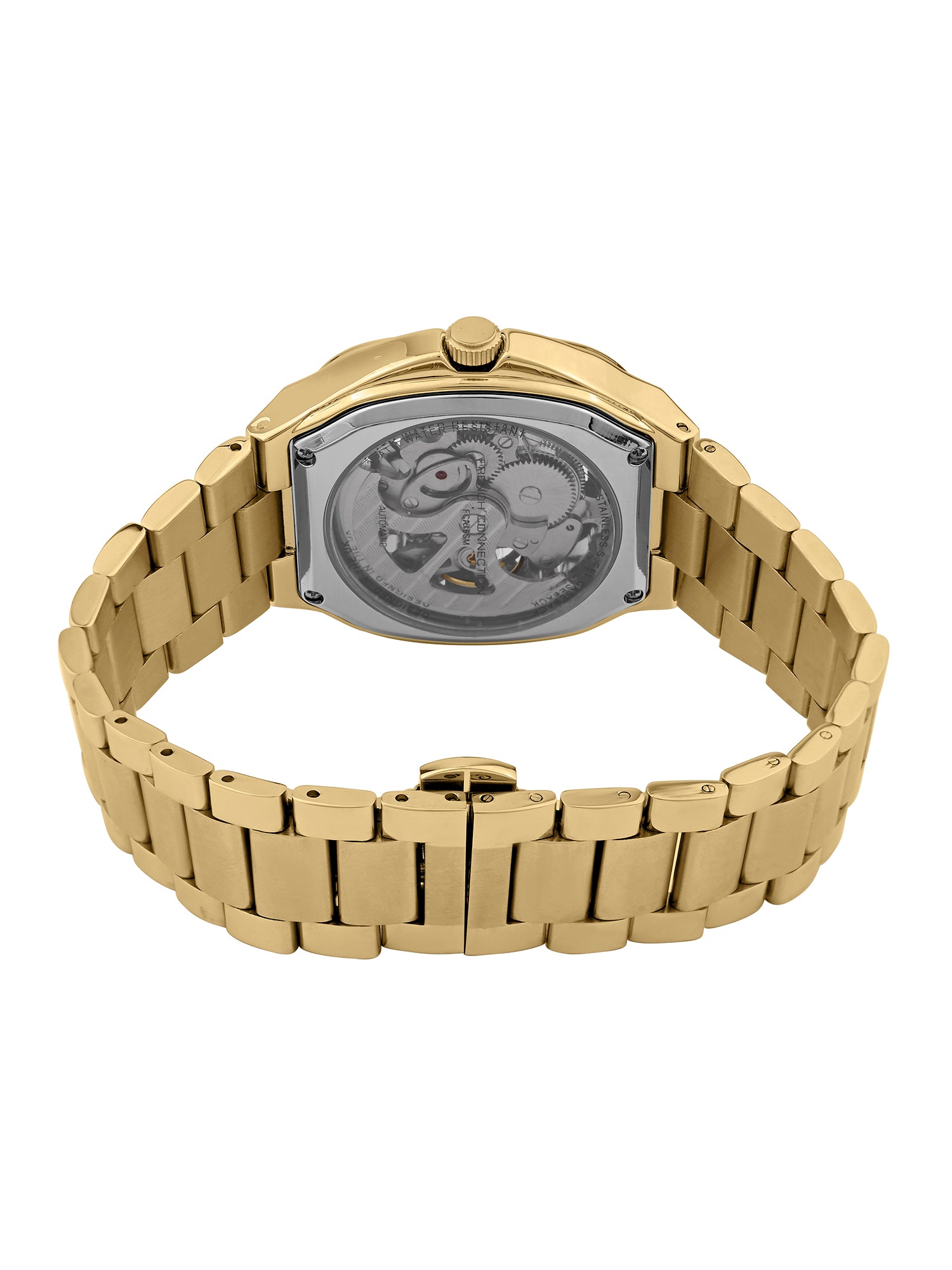 French Connection See Through Black Square Dial With Gold Stainless Steel Strap Automatic Watch - For Mens FCA16GM