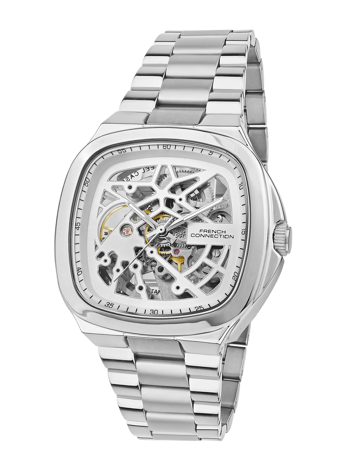 French Connection See Through Silver Square Dial With Stainless Steel Strap Automatic Watch - For Mens FCA16SM