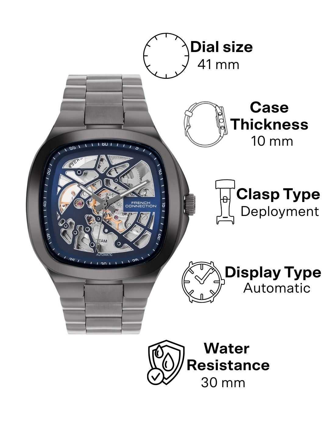 French Connection See Through Blue Square Dial With Stainless Steel Strap Automatic Watch - For Mens FCA16UGNM