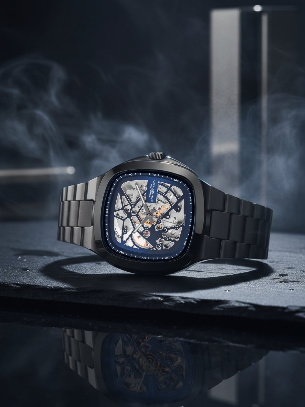 French Connection See Through Blue Square Dial With Stainless Steel Strap Automatic Watch - For Mens FCA16UGNM