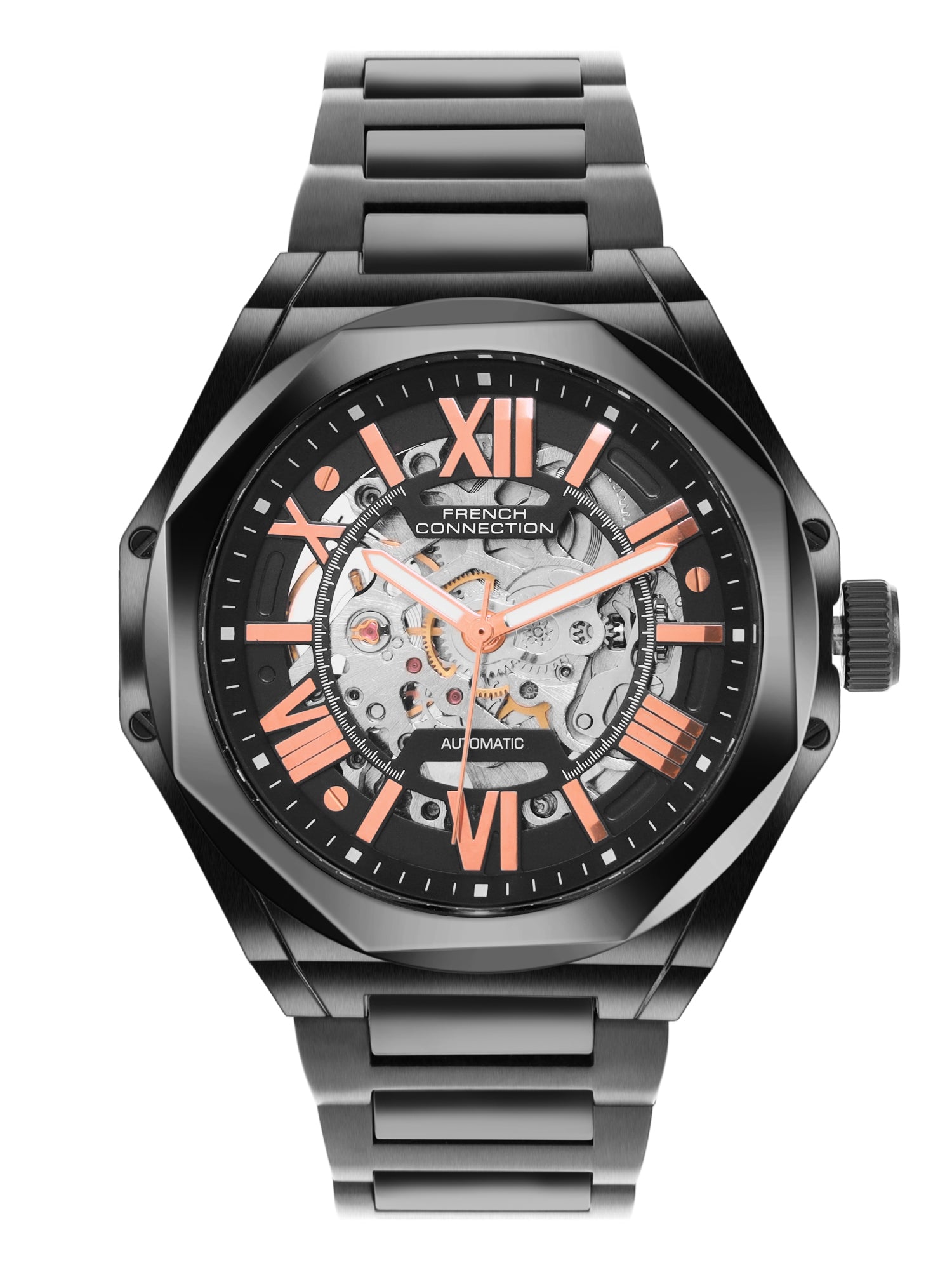 French Connection See Through Black Round Dial With Black Stainless Steel Strap Automatic Watch - For Mens FCA17BM