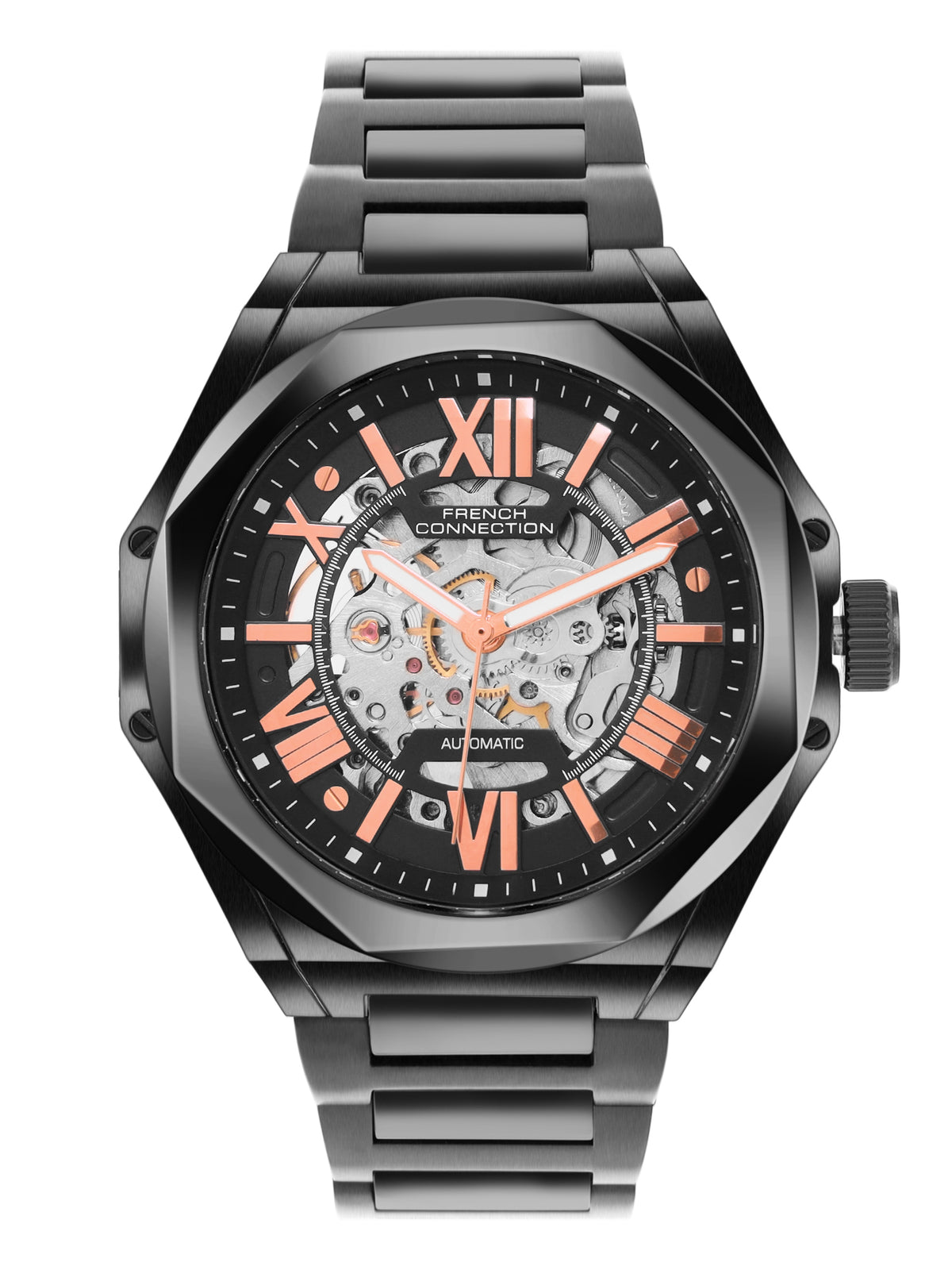 French Connection See Through Black Round Dial With Black Stainless Steel Strap Automatic Watch - For Mens FCA17BM