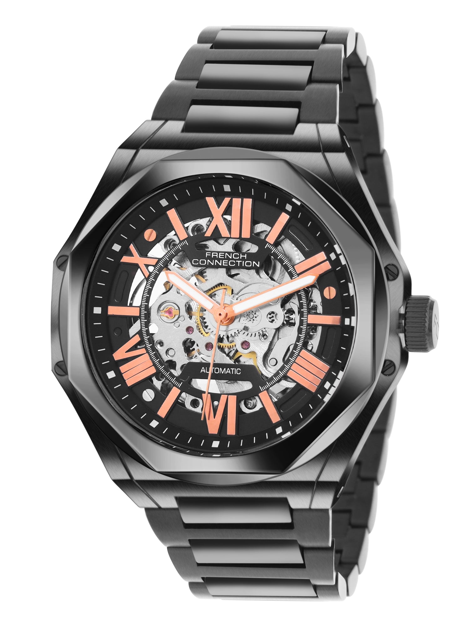French Connection See Through Black Round Dial With Black Stainless Steel Strap Automatic Watch - For Mens FCA17BM