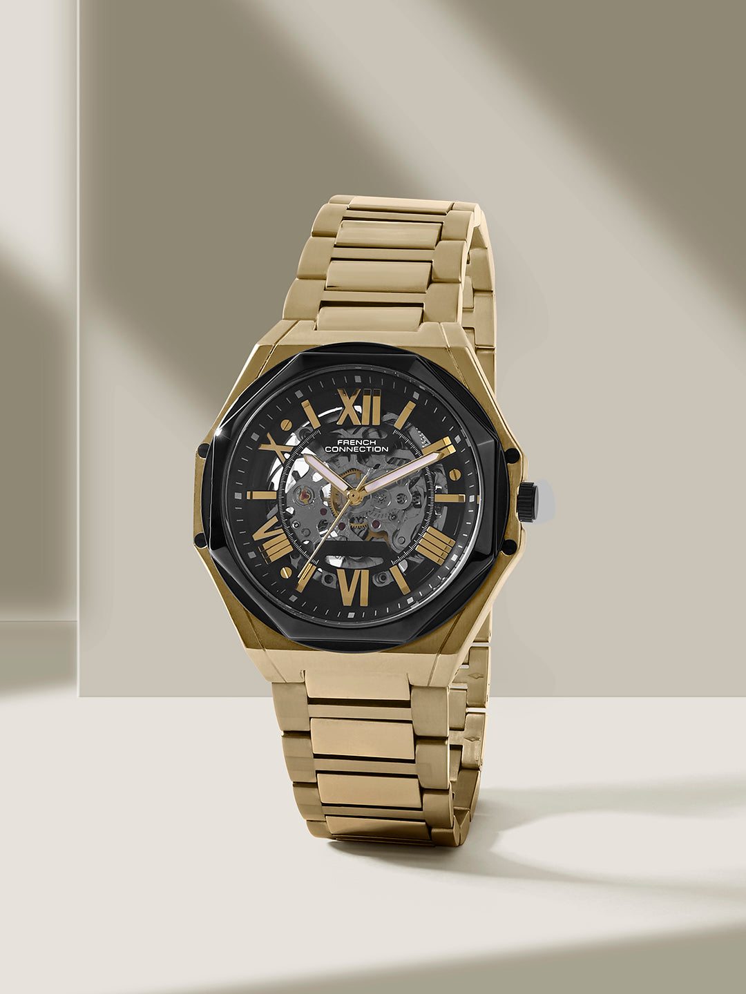 French Connection See Through Black Round Dial With Gold Stainless Steel Strap Automatic Watch - For Mens FCA17GM