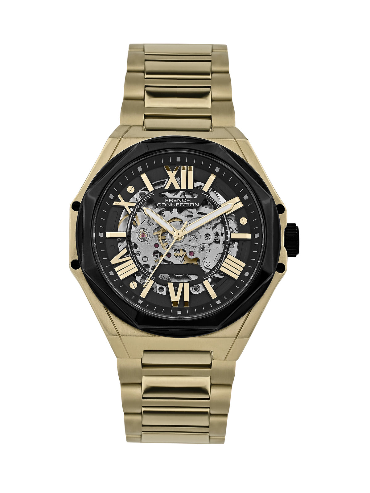 French Connection See Through Black Round Dial With Gold Stainless Steel Strap Automatic Watch - For Mens FCA17GM