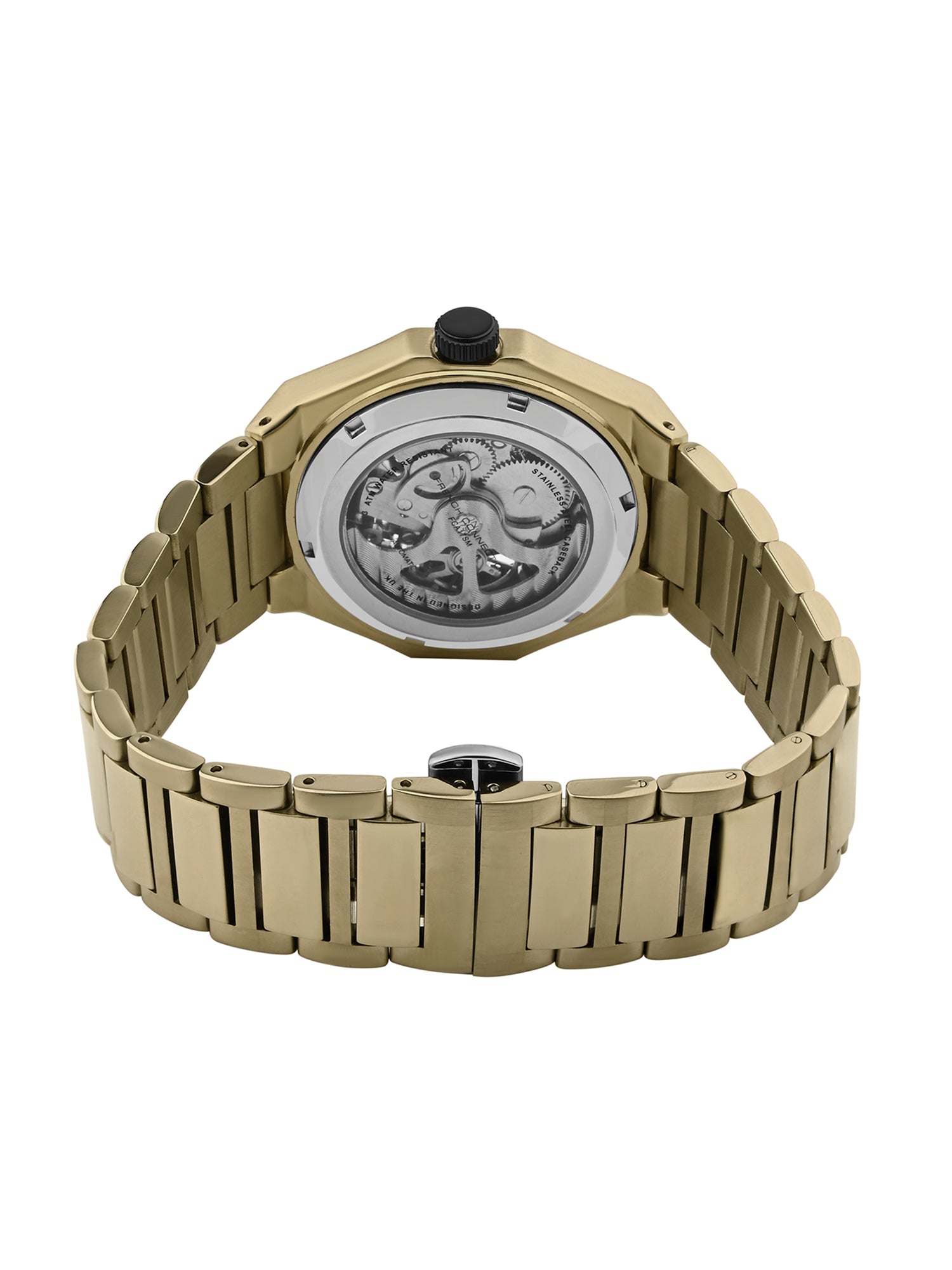 French Connection See Through Black Round Dial With Gold Stainless Steel Strap Automatic Watch - For Mens FCA17GM