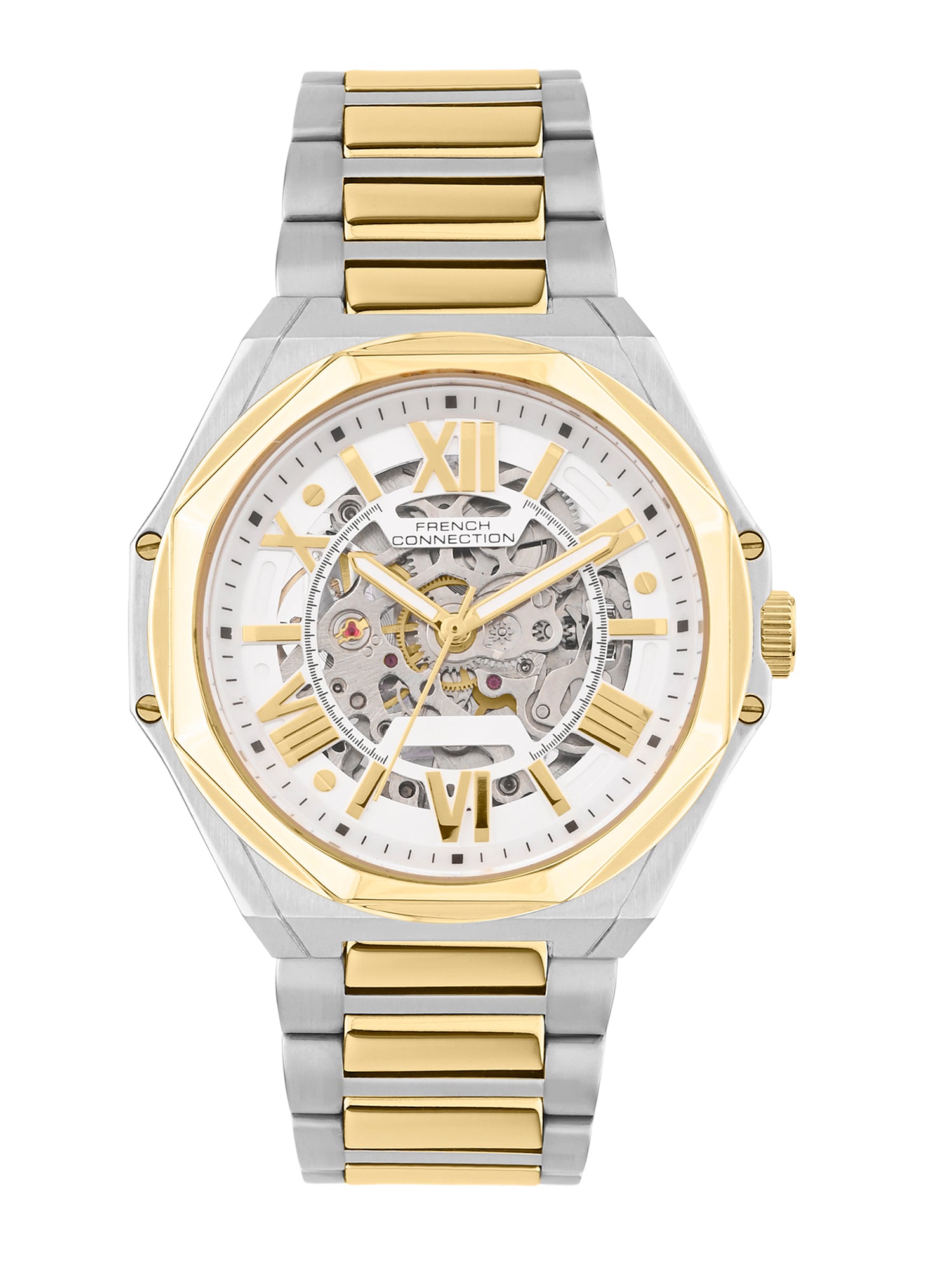 French Connection See Through Silver Round Dial With Gold Two Tone Stainless Steel Strap Automatic Watch - For Mens FCA17TM