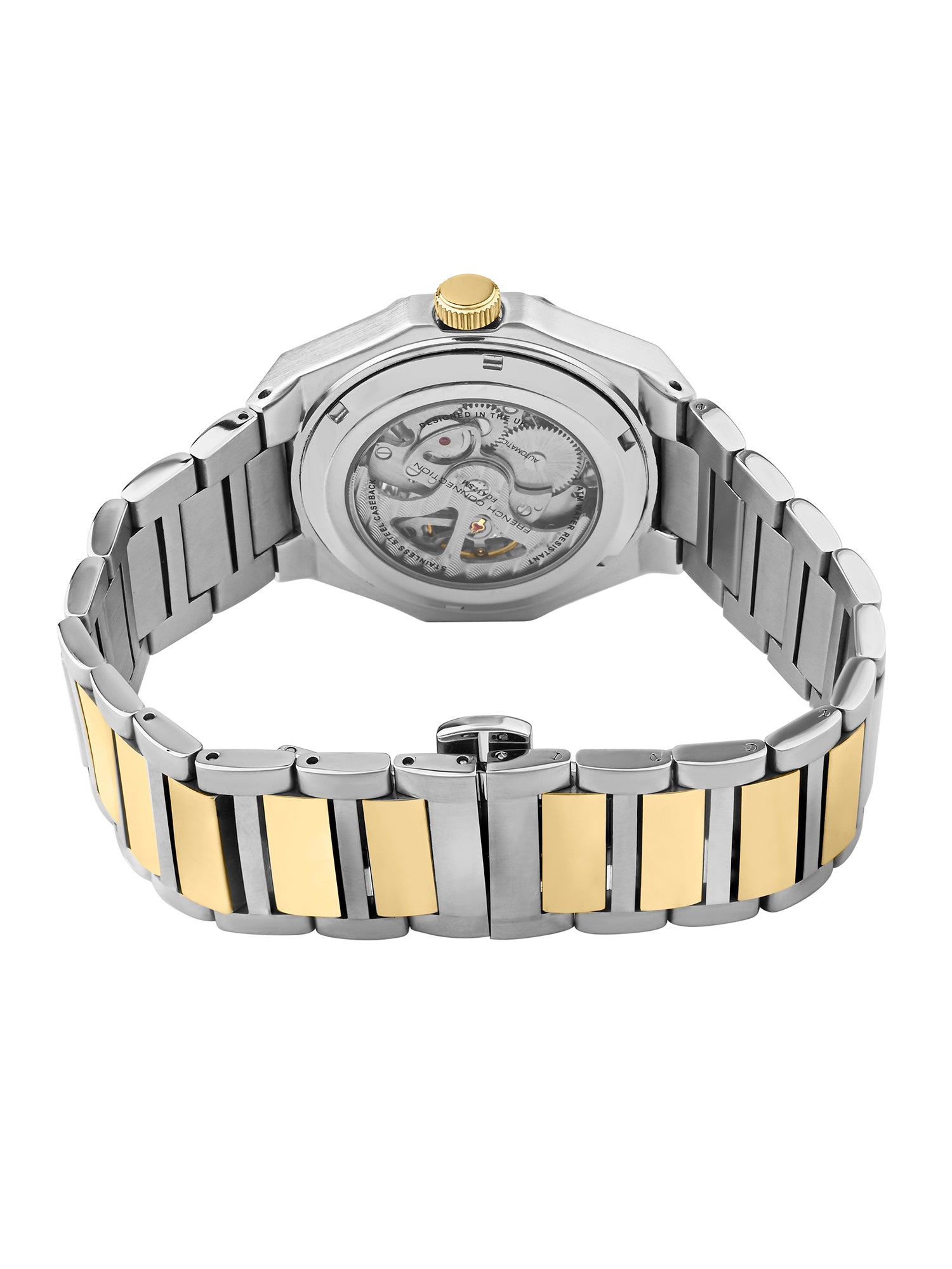 French Connection See Through Silver Round Dial With Gold Two Tone Stainless Steel Strap Automatic Watch - For Mens FCA17TM