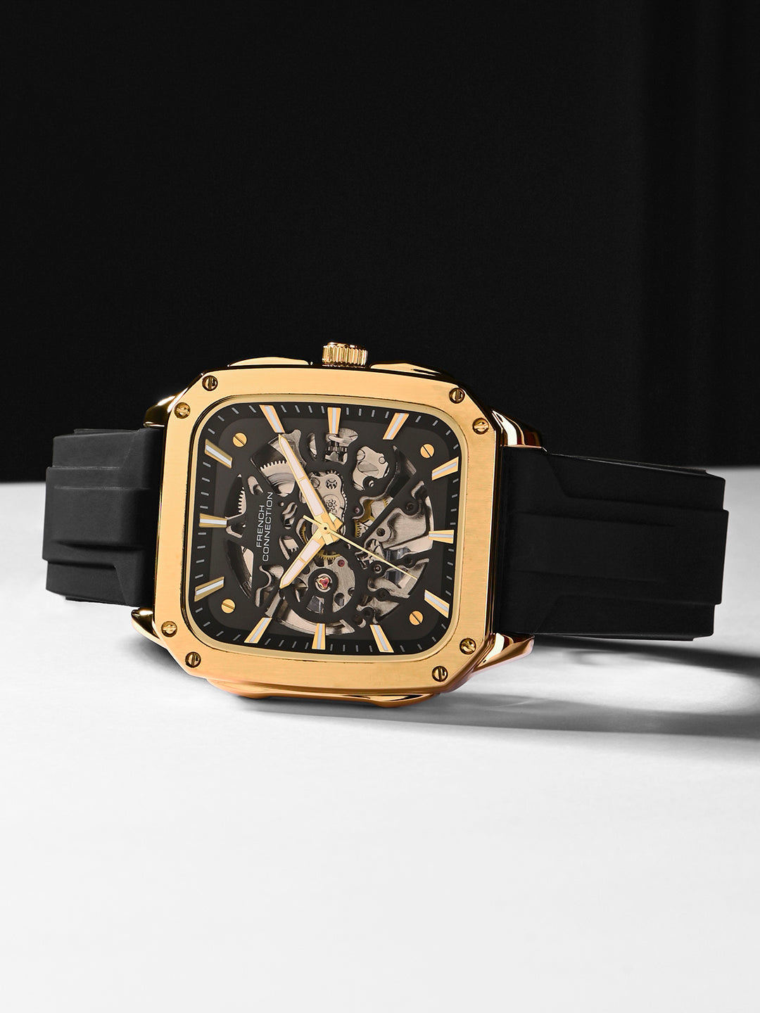 French Connection See Through Black Square Dial With Black Silicone Strap Automatic Watch - For Mens FCA18BL