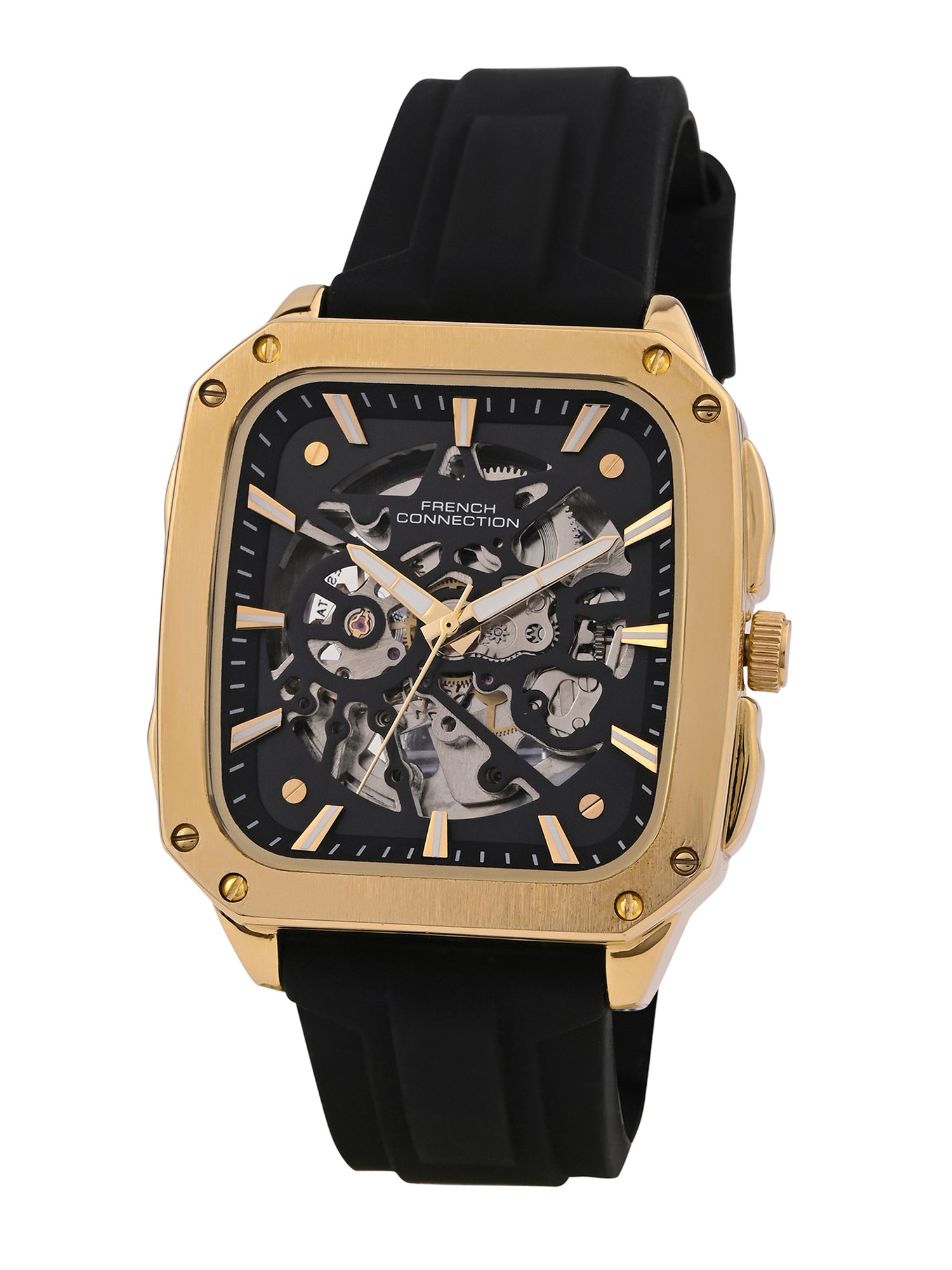 French Connection See Through Black Square Dial With Black Silicone Strap Automatic Watch - For Mens FCA18BL