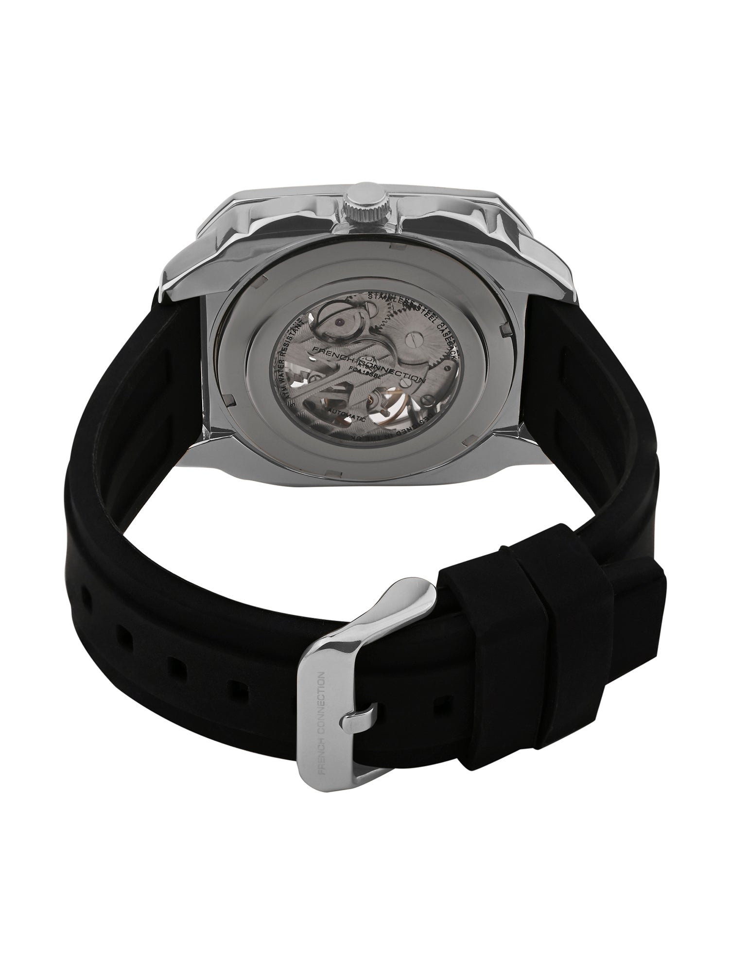 French Connection See Through Silver Square Dial With Black Silicone Strap Automatic Watch - For Mens FCA18SBL