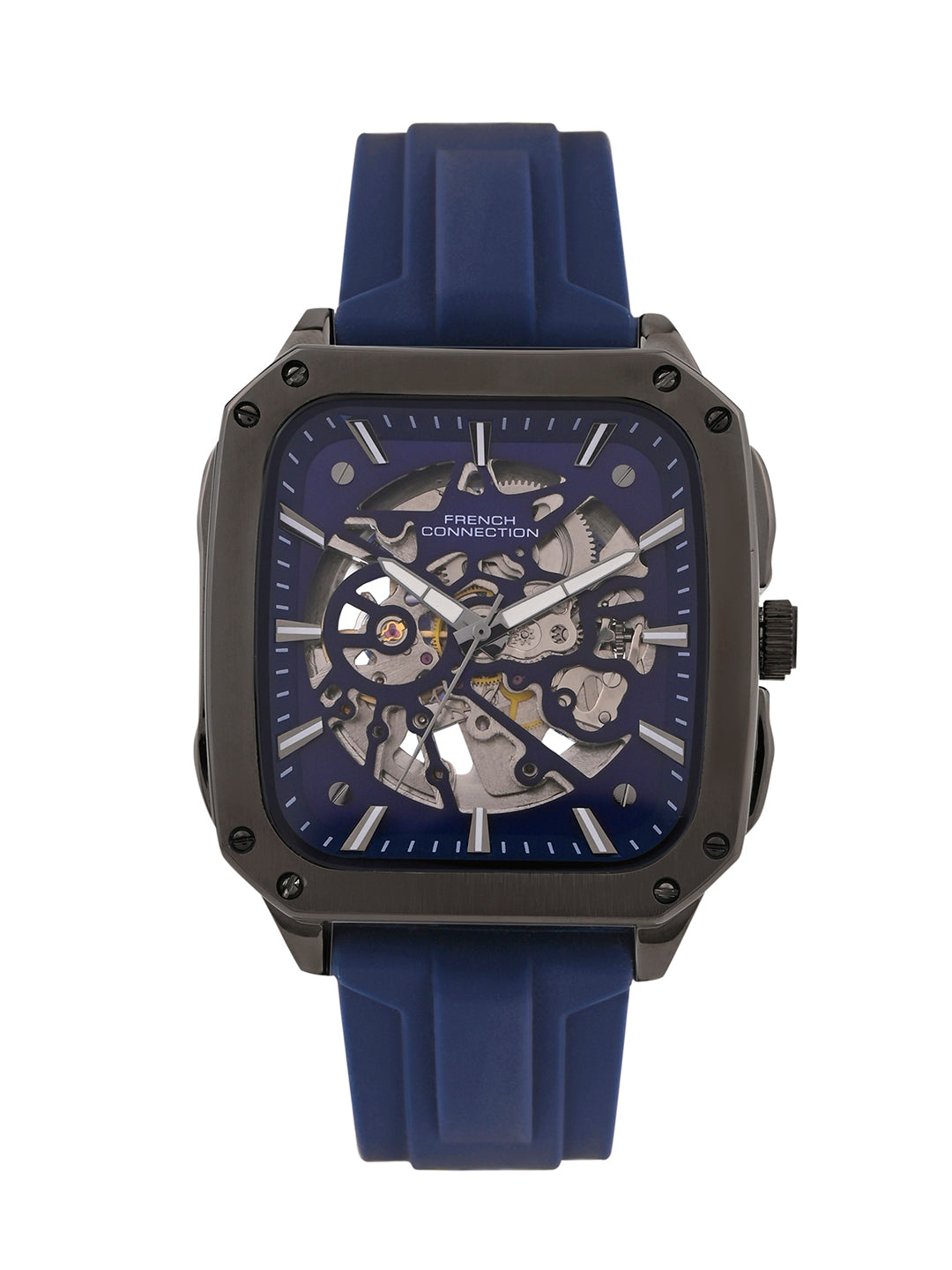 French Connection See Through Blue Square Dial With Blue Silicone Strap Automatic Watch - For Mens FCA18UL