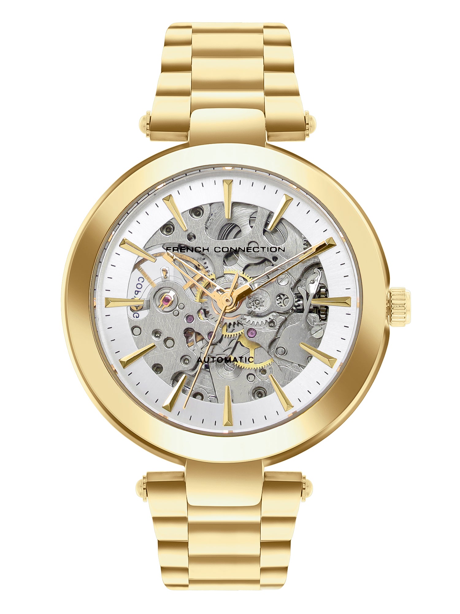 French Connection FCA21GM Modern Silver White Skeleton Dial Gold Stainless Steel Strap Women's Automatic Watch