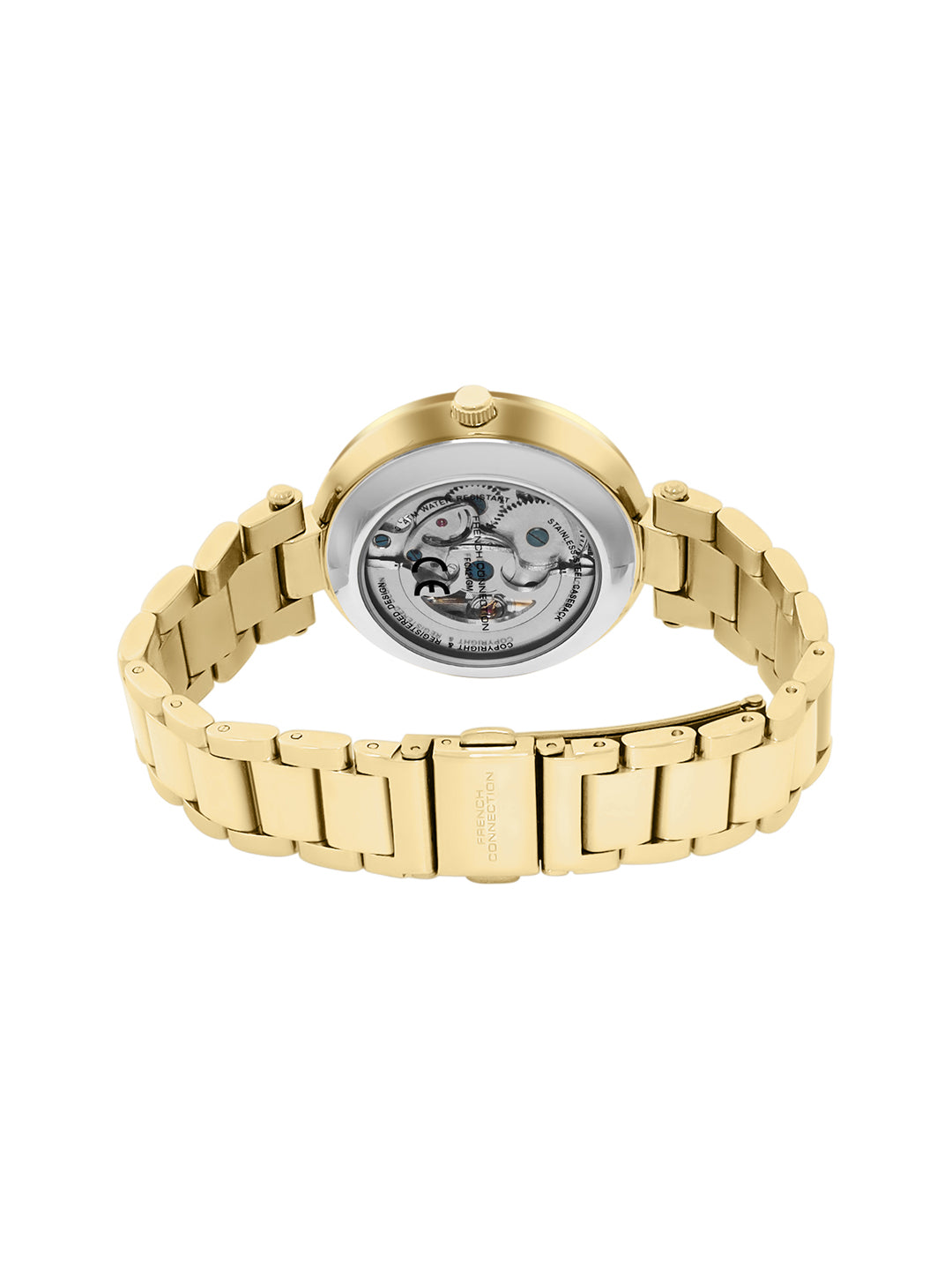 French Connection FCA21GM Modern Silver White Skeleton Dial Gold Stainless Steel Strap Women's Automatic Watch