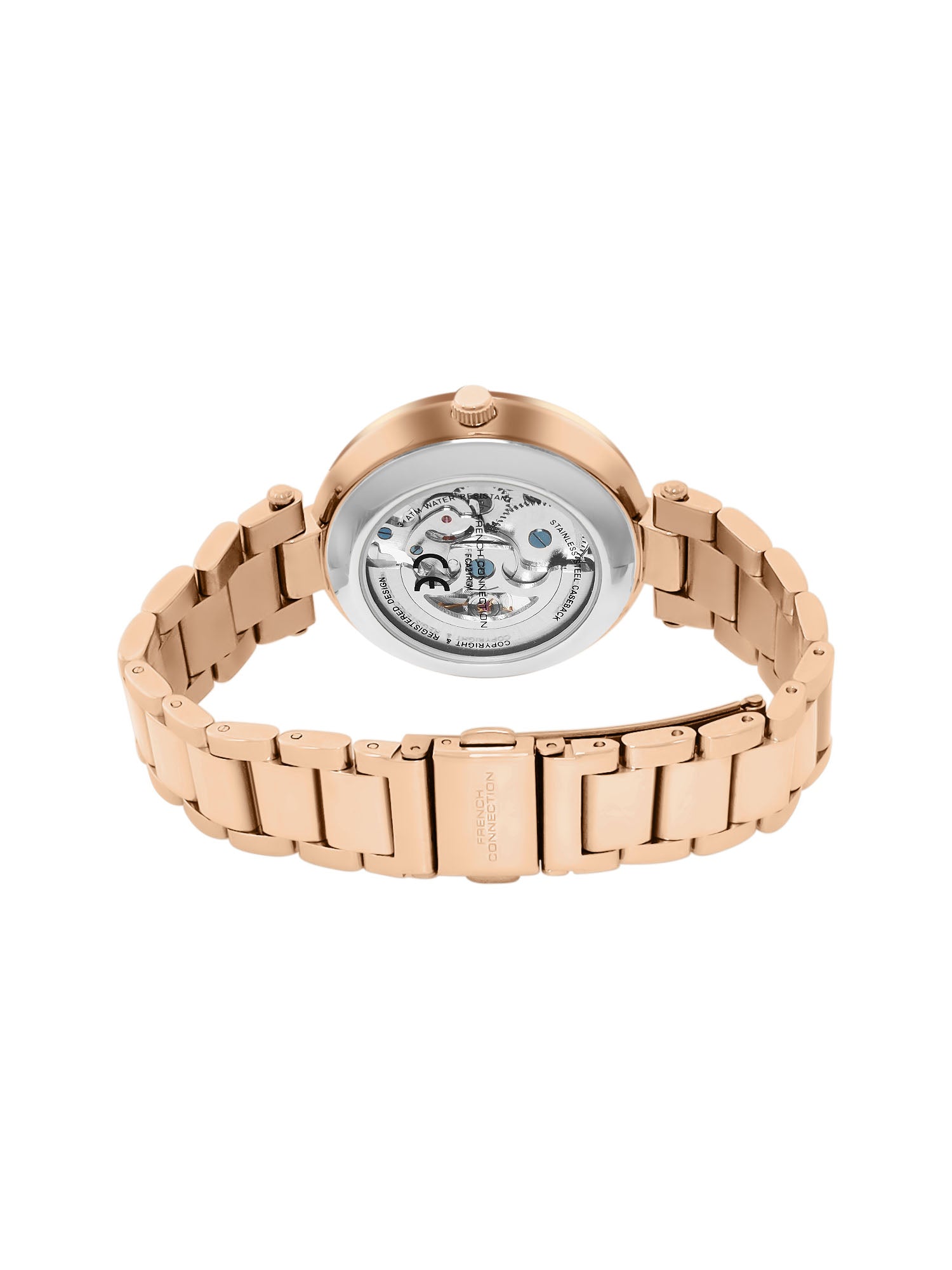French Connection FCA21RGM Modern Silver White Skeleton Dial Rose Gold Stainless Steel Strap Women's Automatic Watch