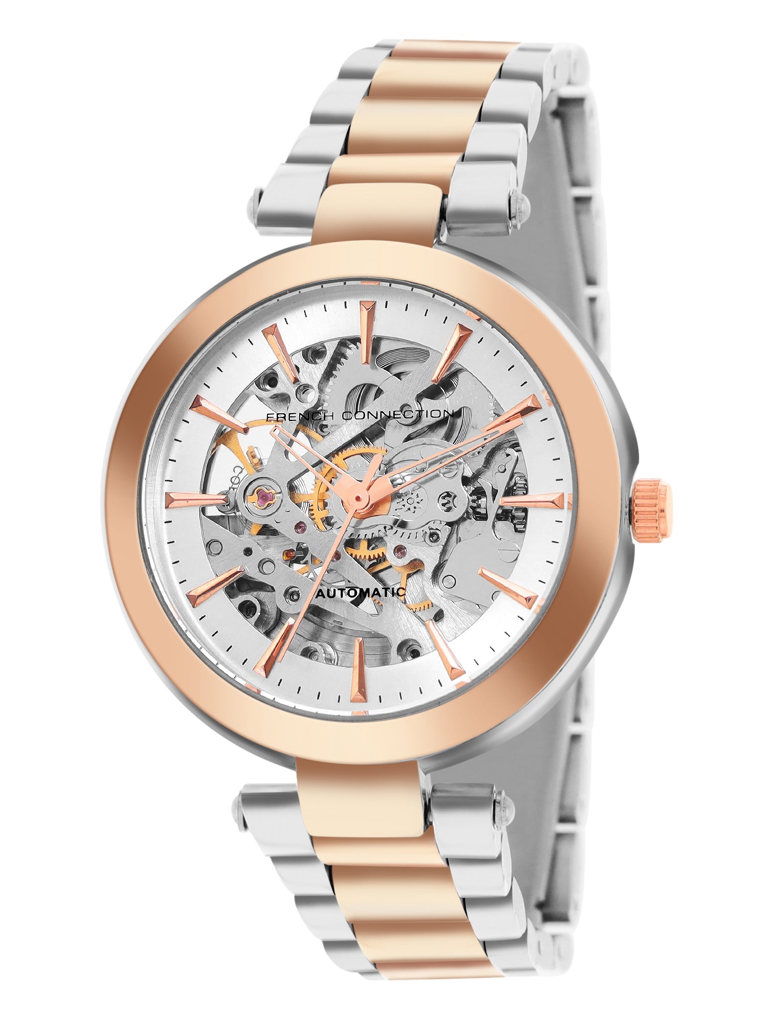 French Connection FCA21RTM Modern Silver White Skeleton Dial Rose Gold Two-Tone Stainless Steel Strap Women's Automatic Watch