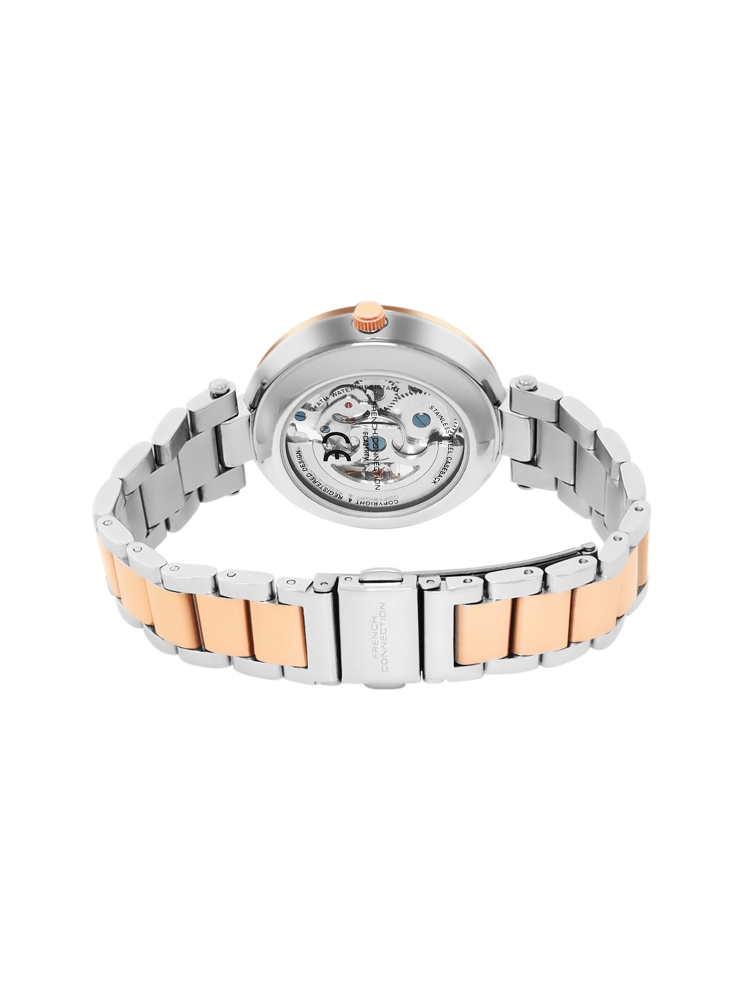 French Connection FCA21RTM Modern Silver White Skeleton Dial Rose Gold Two-Tone Stainless Steel Strap Women's Automatic Watch