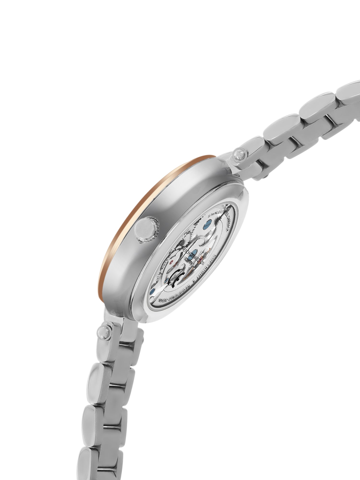 French Connection FCA21RTM Modern Silver White Skeleton Dial Rose Gold Two-Tone Stainless Steel Strap Women's Automatic Watch