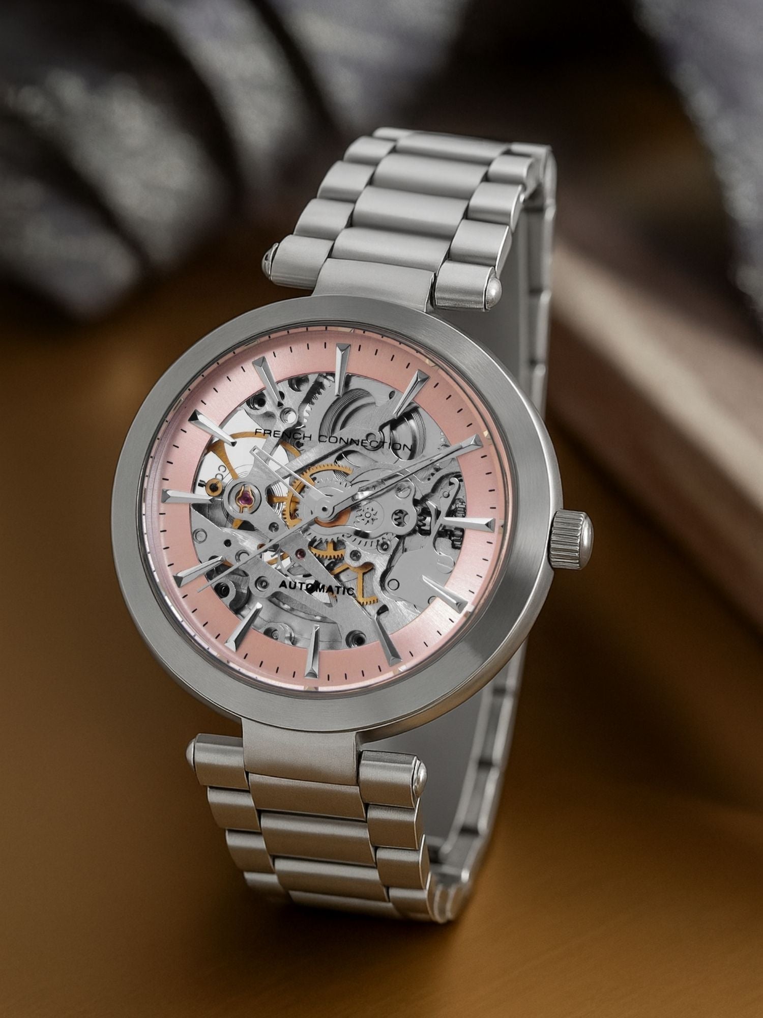 French Connection FCA21SM Modern Silver White Skeleton Dial Silver Stainless Steel Strap Women's Automatic Watch