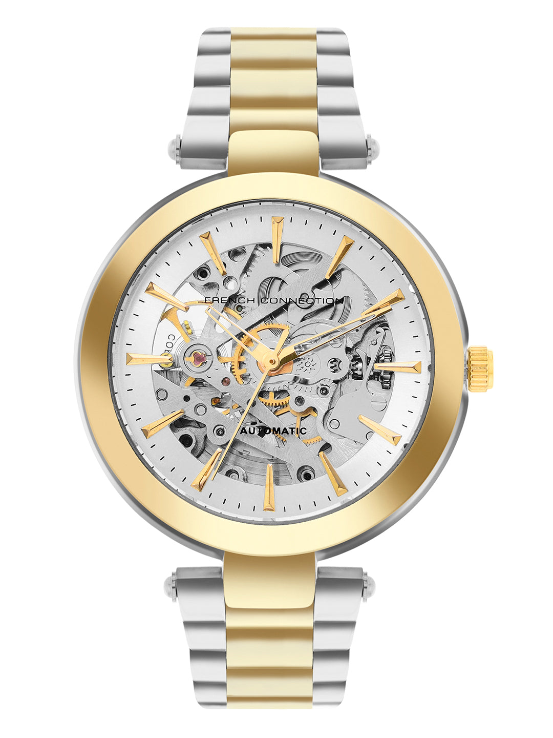 French Connection FCA21TM Modern Silver White Skeleton Dial Gold Two-Tone Stainless Steel Strap Women's Automatic Watch