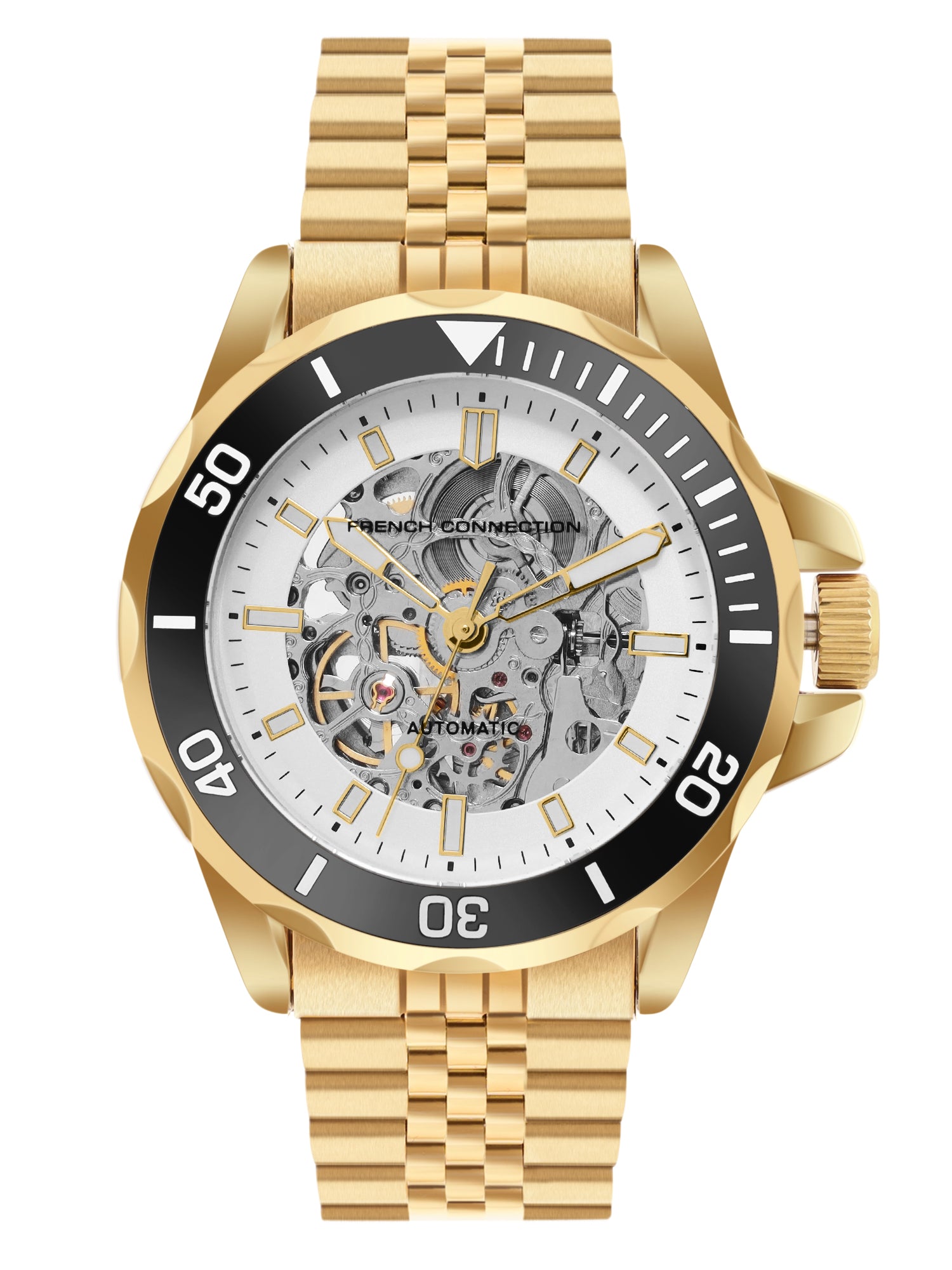 French Connection See Through Silver Round Dial With Gold Stainless Steel Strap Automatic Watch - For Mens FCA22GM