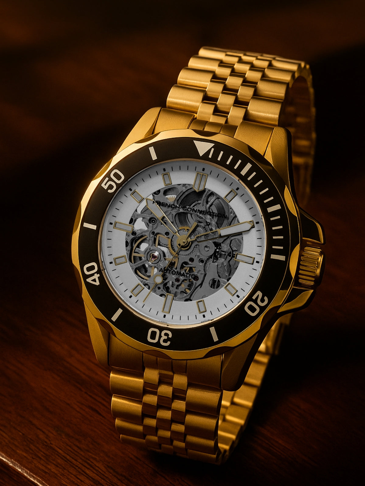 French Connection See Through Silver Round Dial With Gold Stainless Steel Strap Automatic Watch - For Mens FCA22GM