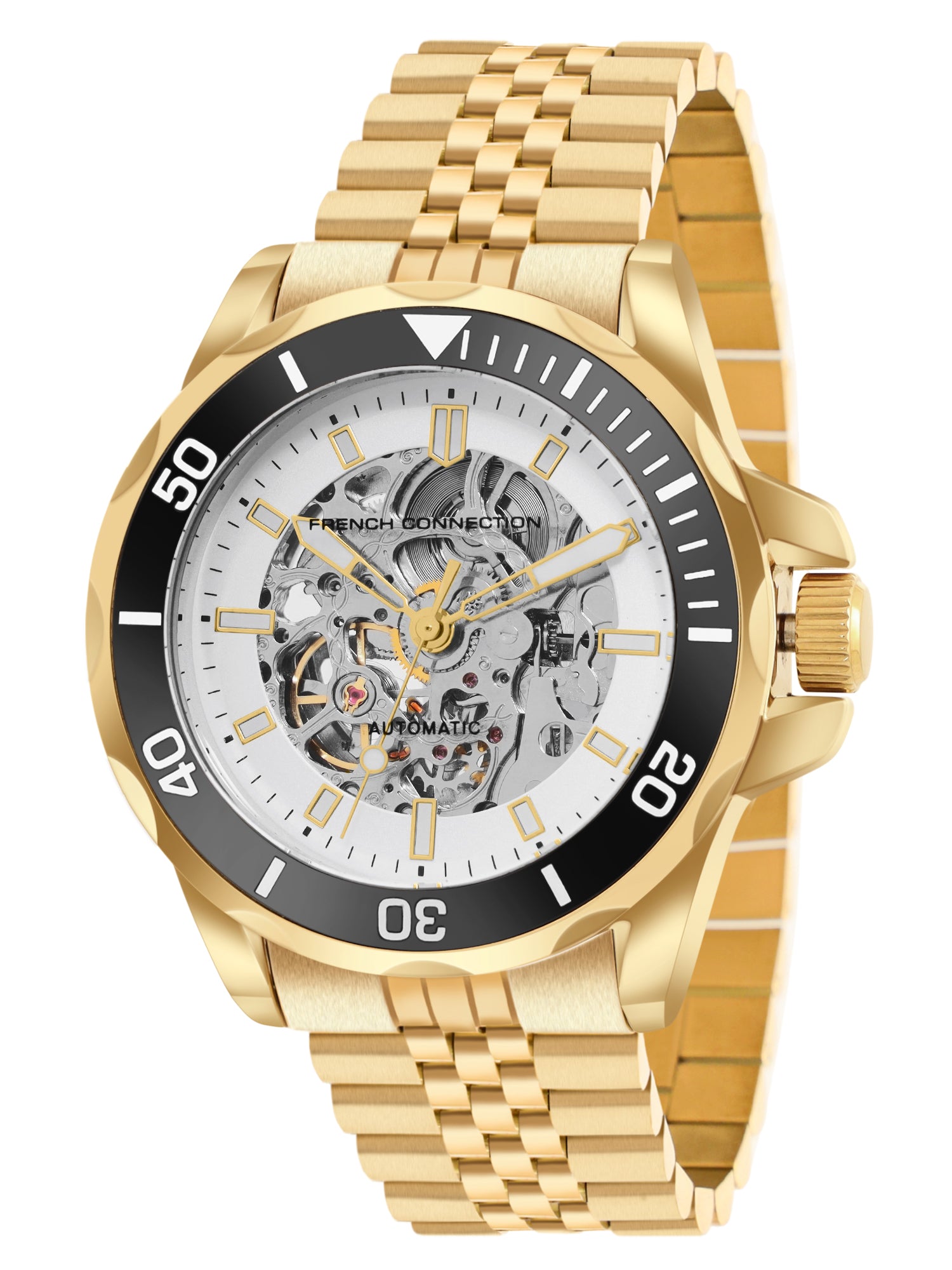 French Connection See Through Silver Round Dial With Gold Stainless Steel Strap Automatic Watch - For Mens FCA22GM