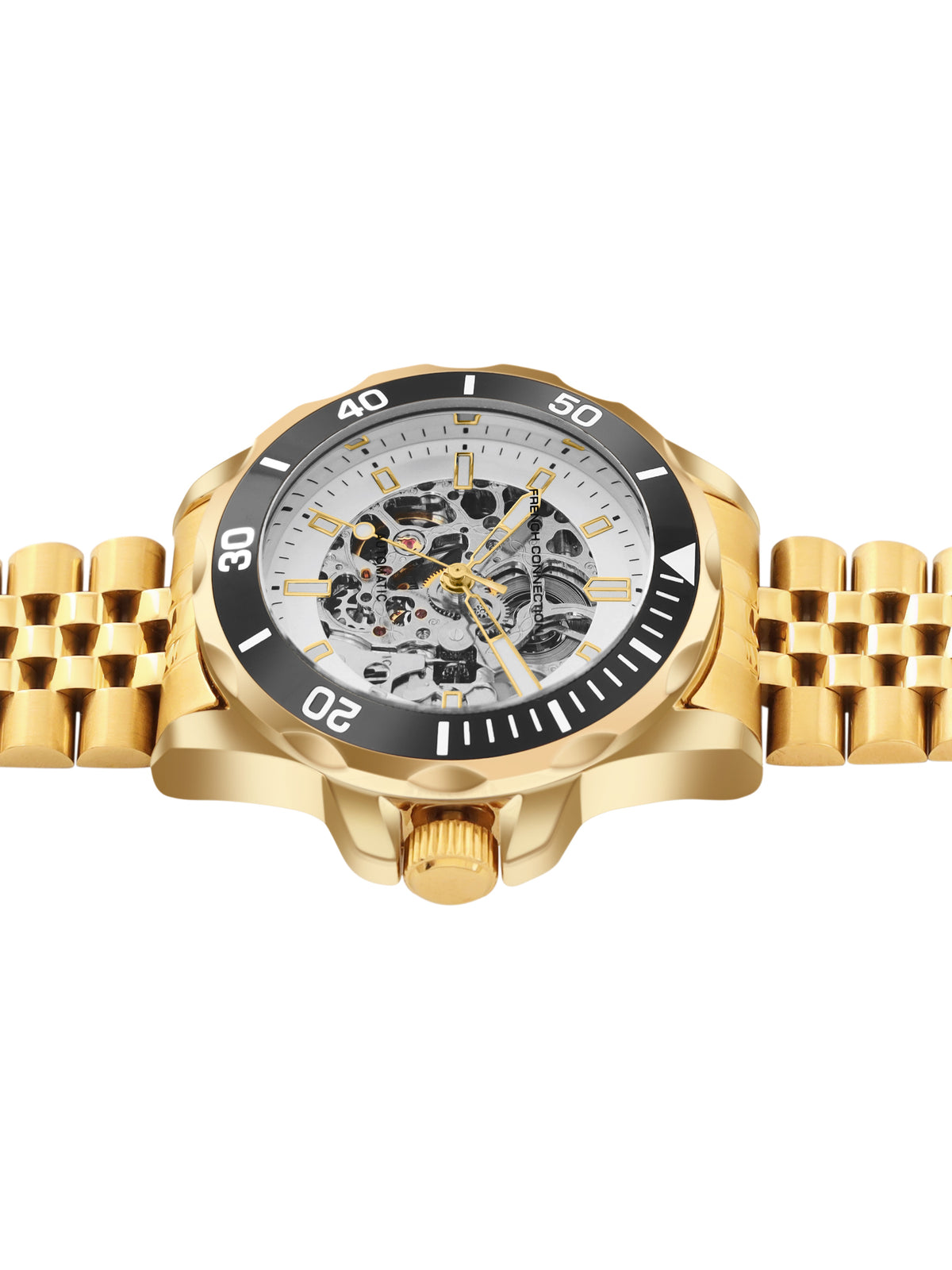 French Connection See Through Silver Round Dial With Gold Stainless Steel Strap Automatic Watch - For Mens FCA22GM