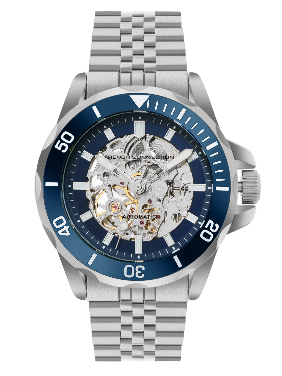 French Connection See Through Dark Blue Round Dial With Stainless Steel Strap Automatic Watch - For Mens FCA22USM