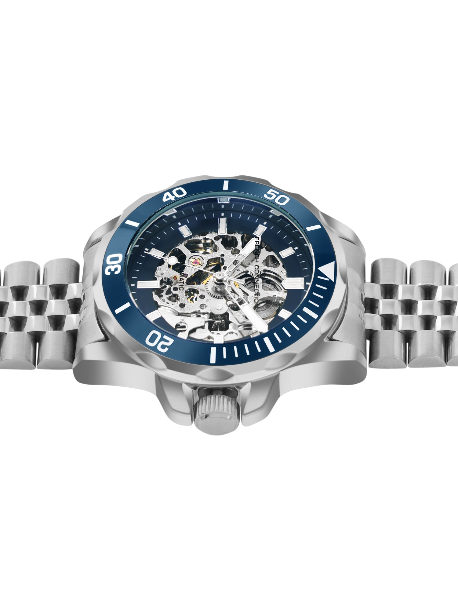 French Connection See Through Dark Blue Round Dial With Stainless Steel Strap Automatic Watch - For Mens FCA22USM