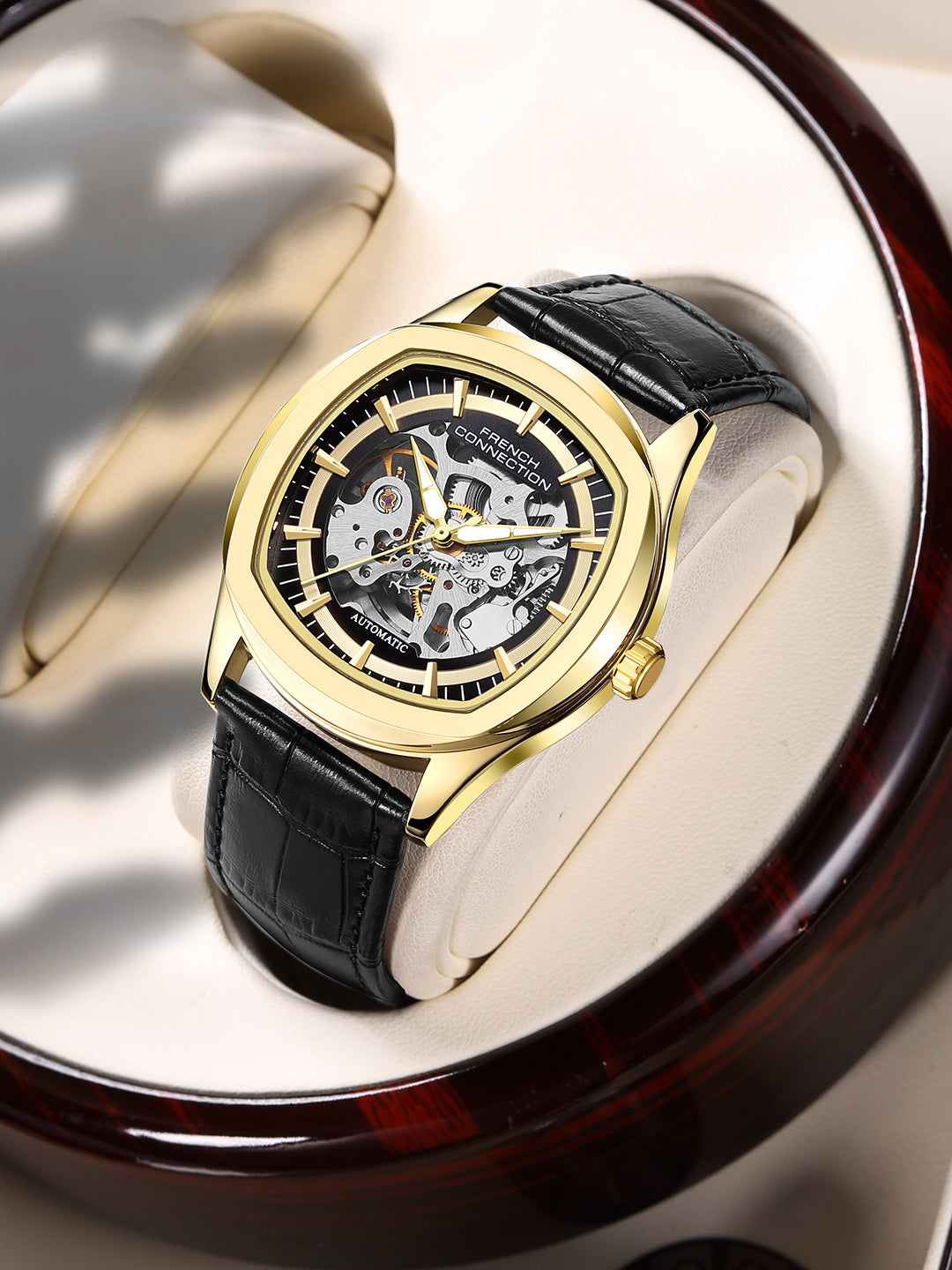 French Connection Gearion | Black Skeleton Dial | Black Leather Strap | Luxury Automatic Watch for Men - FCA25BL