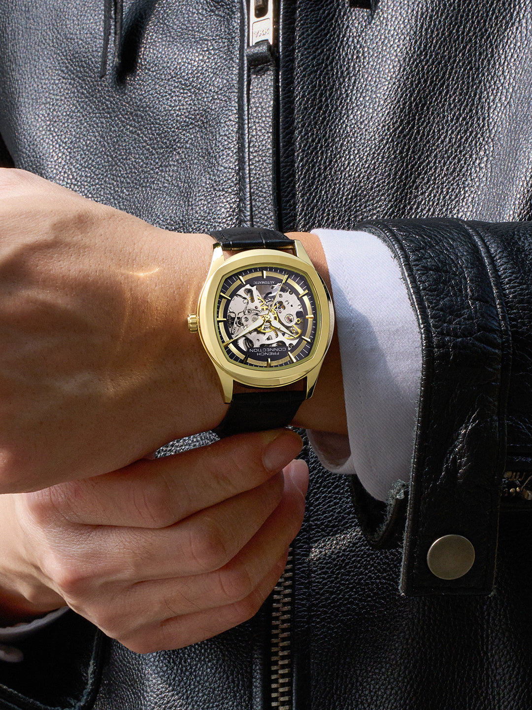 French Connection Gearion | Black Skeleton Dial | Black Leather Strap | Luxury Automatic Watch for Men - FCA25BL