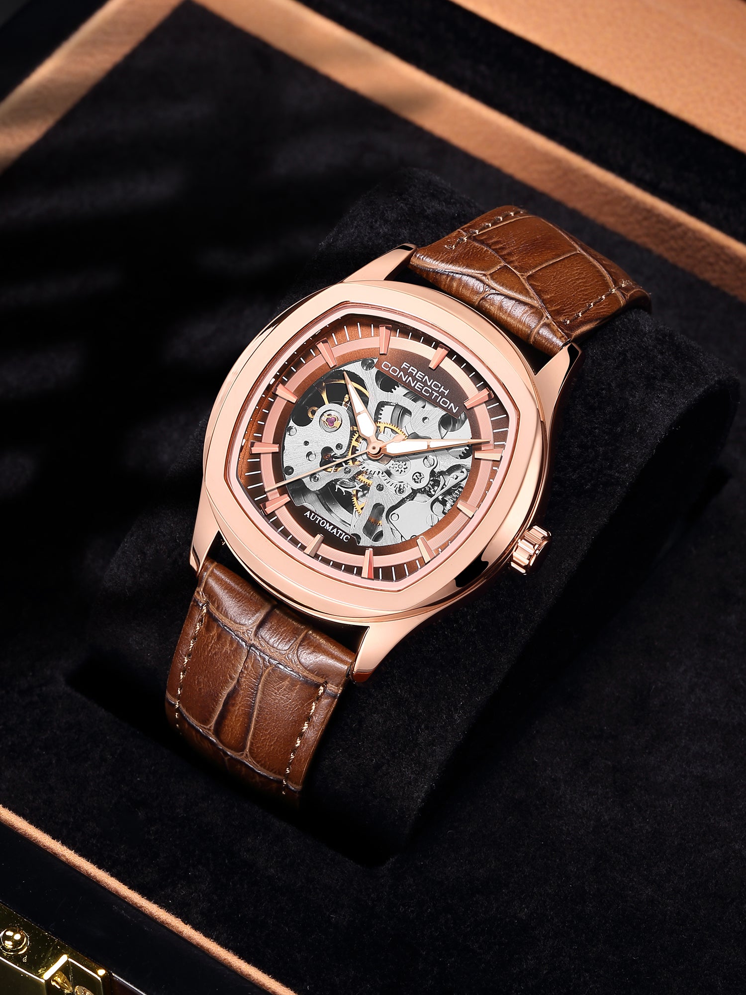 French Connection Gearion | Brown Skeleton Dial | Brown Leather Strap | Luxury Automatic Watch for Men - FCA25BRL