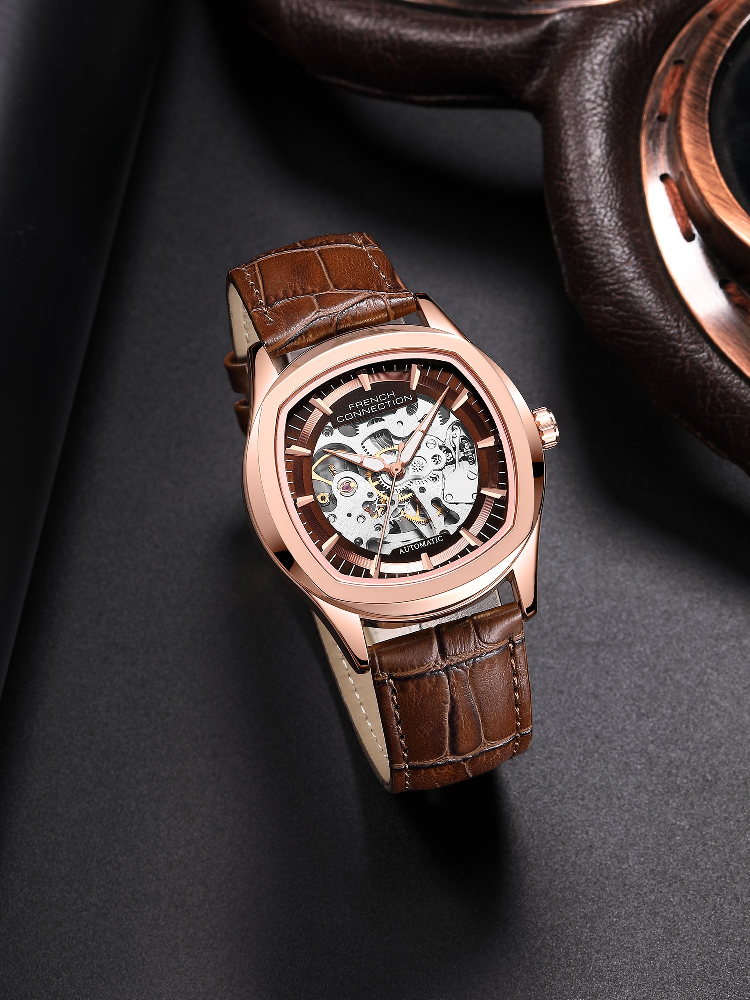 French Connection Gearion | Brown Skeleton Dial | Brown Leather Strap | Luxury Automatic Watch for Men - FCA25BRL