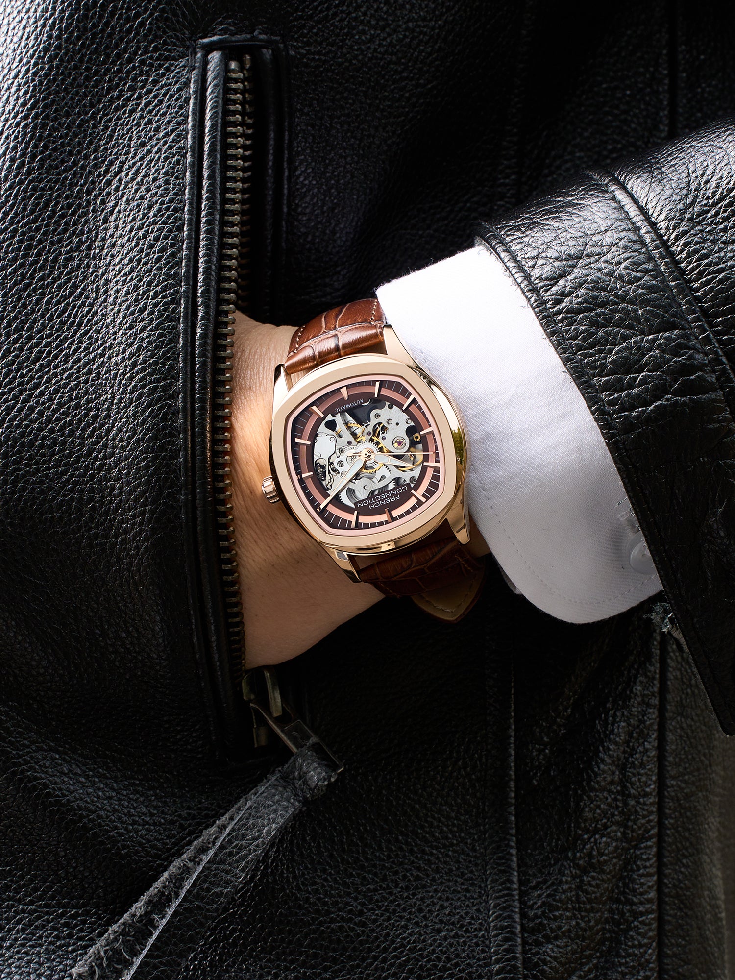 French Connection Gearion | Brown Skeleton Dial | Brown Leather Strap | Luxury Automatic Watch for Men - FCA25BRL