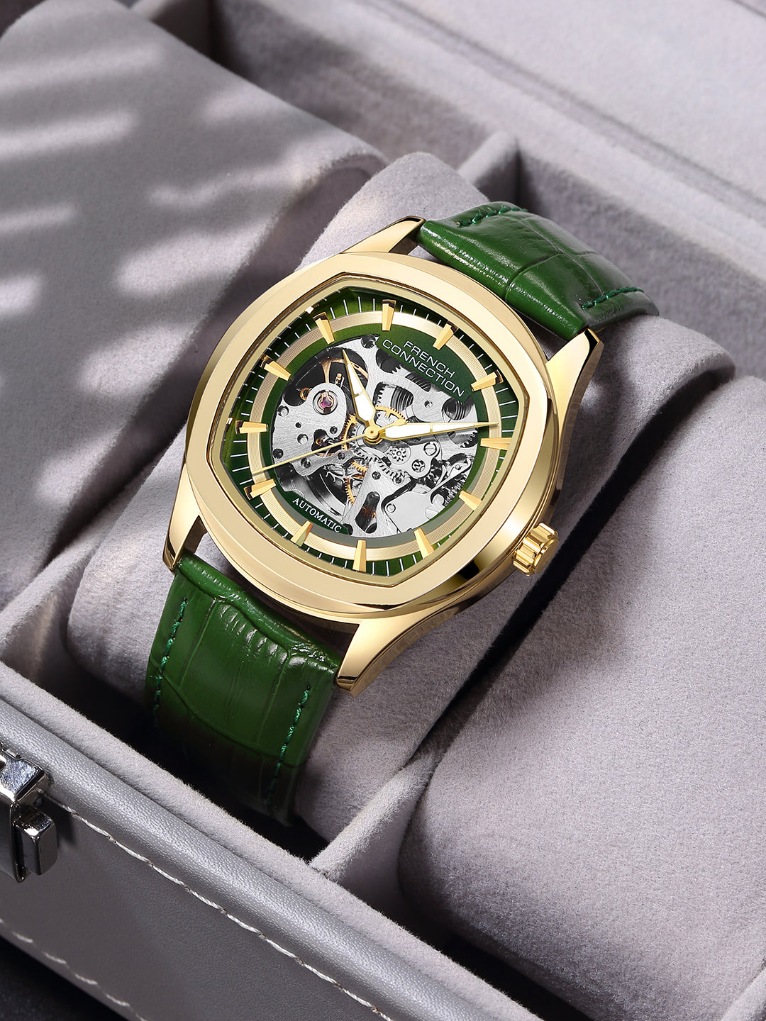 French Connection Gearion | Green Skeleton Dial | Green Leather Strap | Luxury Automatic Watch for Men - FCA25NL
