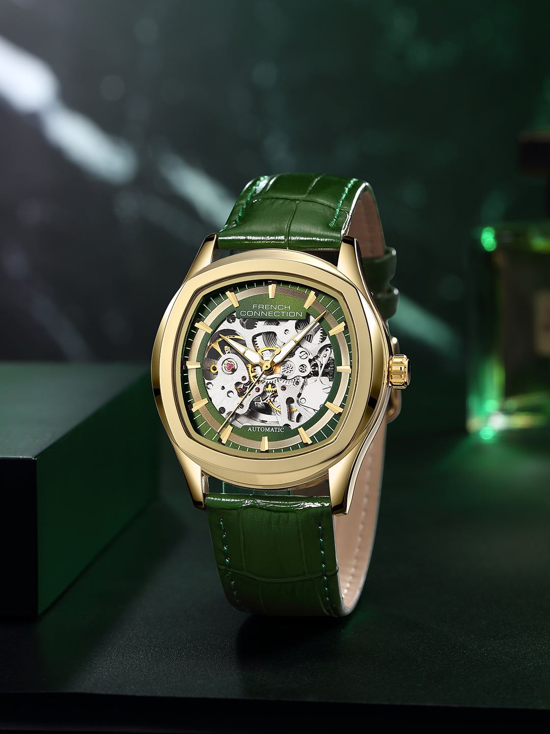French Connection Gearion | Green Skeleton Dial | Green Leather Strap | Luxury Automatic Watch for Men - FCA25NL