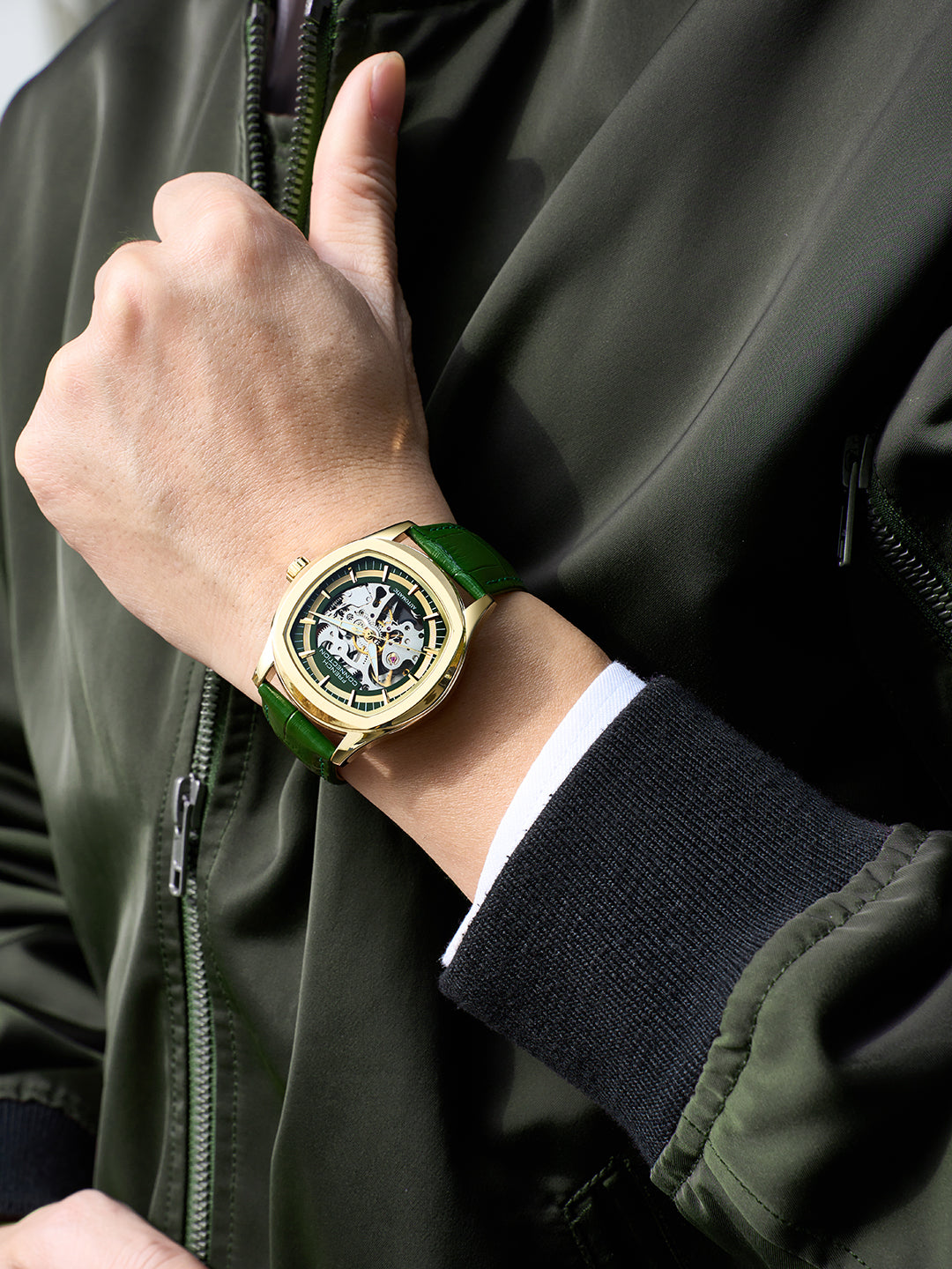 French Connection Gearion | Green Skeleton Dial | Green Leather Strap | Luxury Automatic Watch for Men - FCA25NL