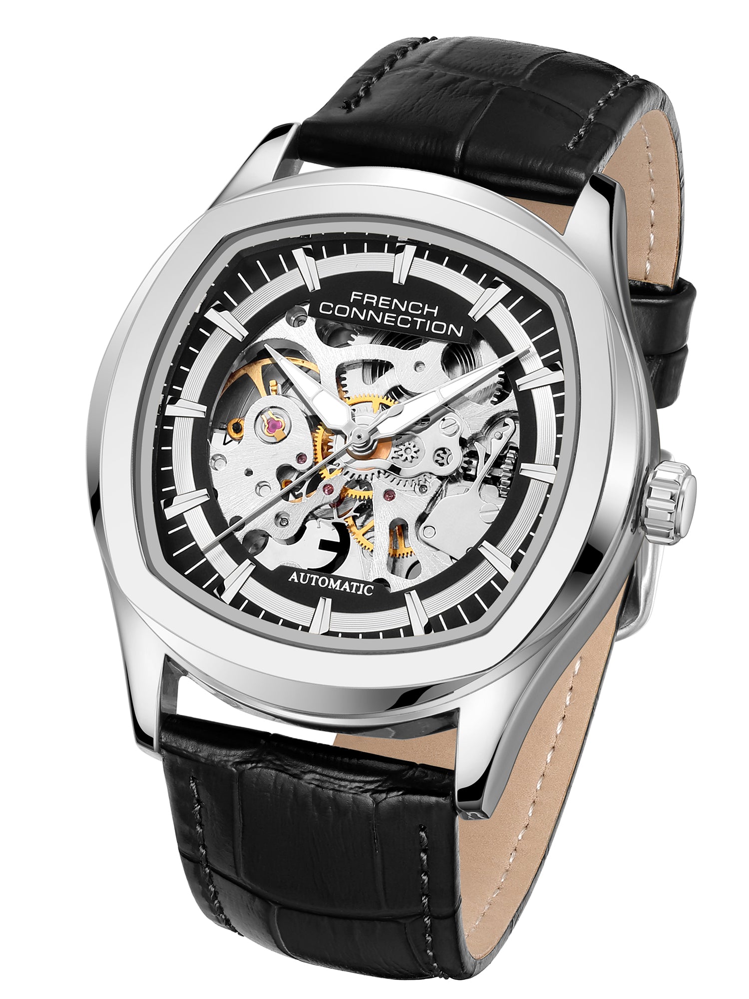 French Connection Gearion | Black Skeleton Dial | Black Leather Automatic Watch for Men - FCA25SBL
