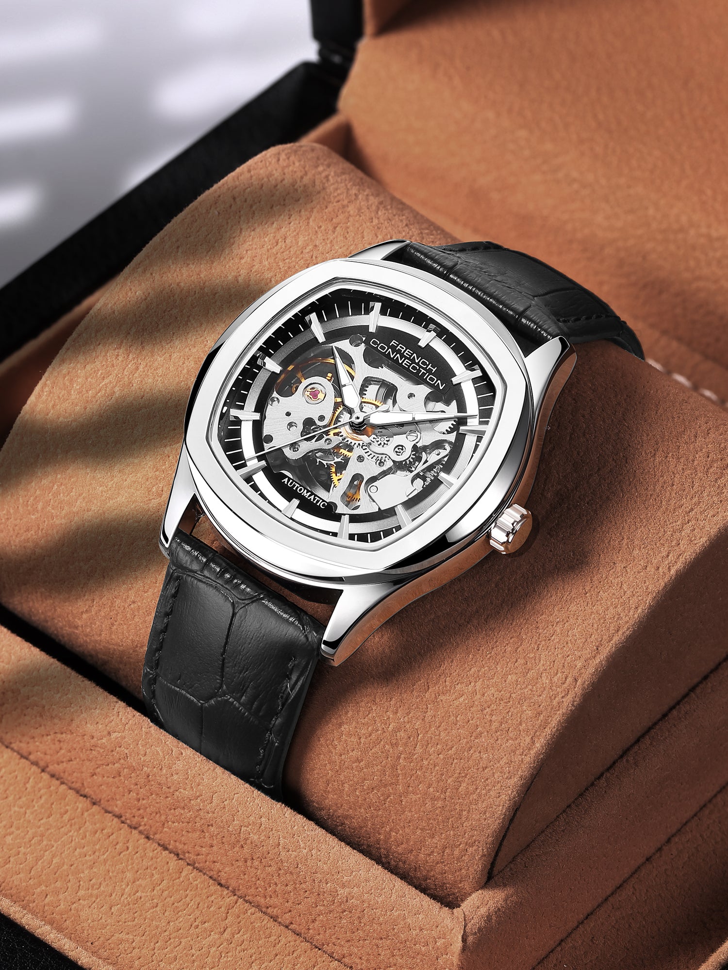 French Connection Gearion | Black Skeleton Dial | Black Leather Automatic Watch for Men - FCA25SBL