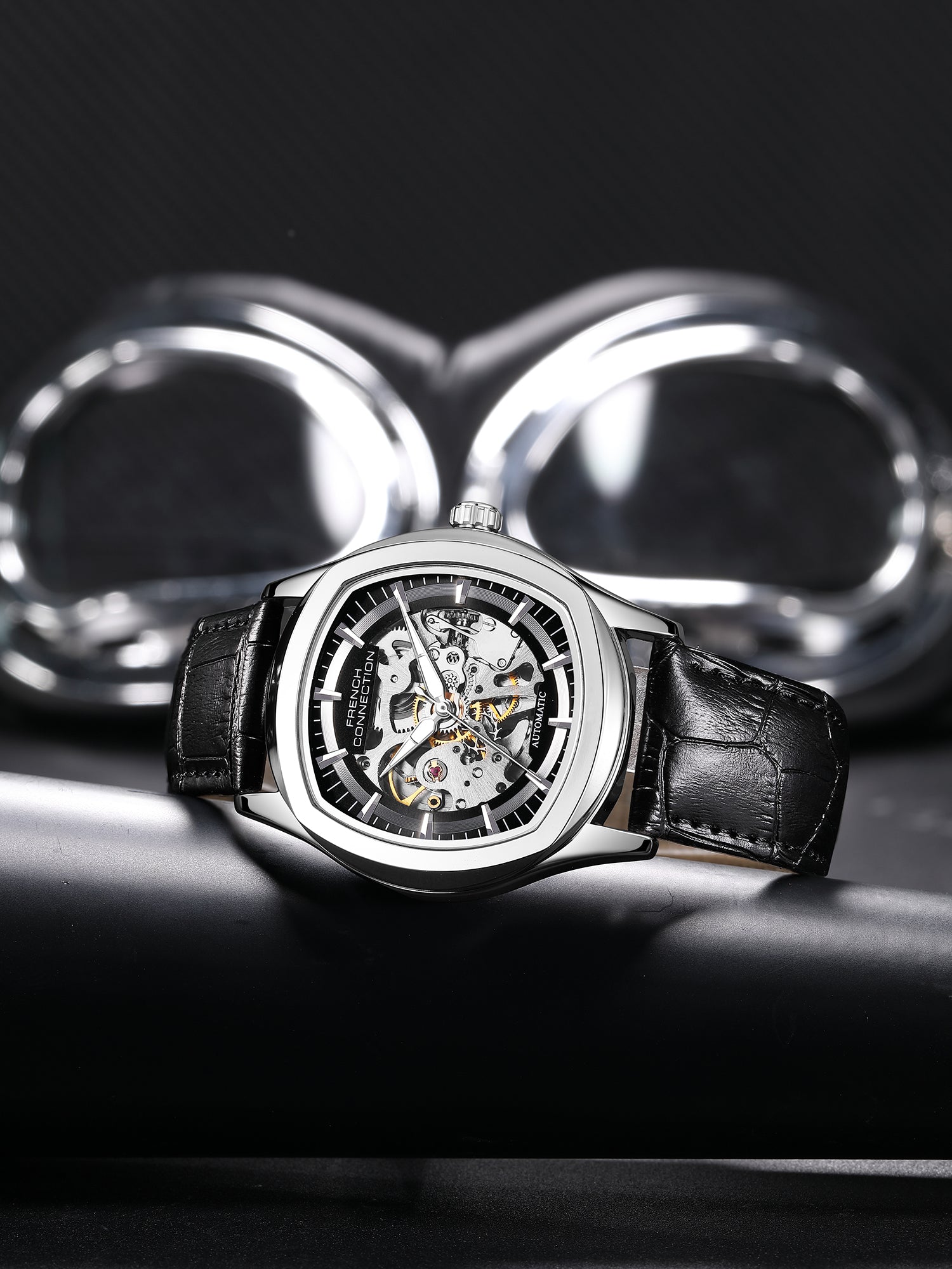 French Connection Gearion | Black Skeleton Dial | Black Leather Automatic Watch for Men - FCA25SBL