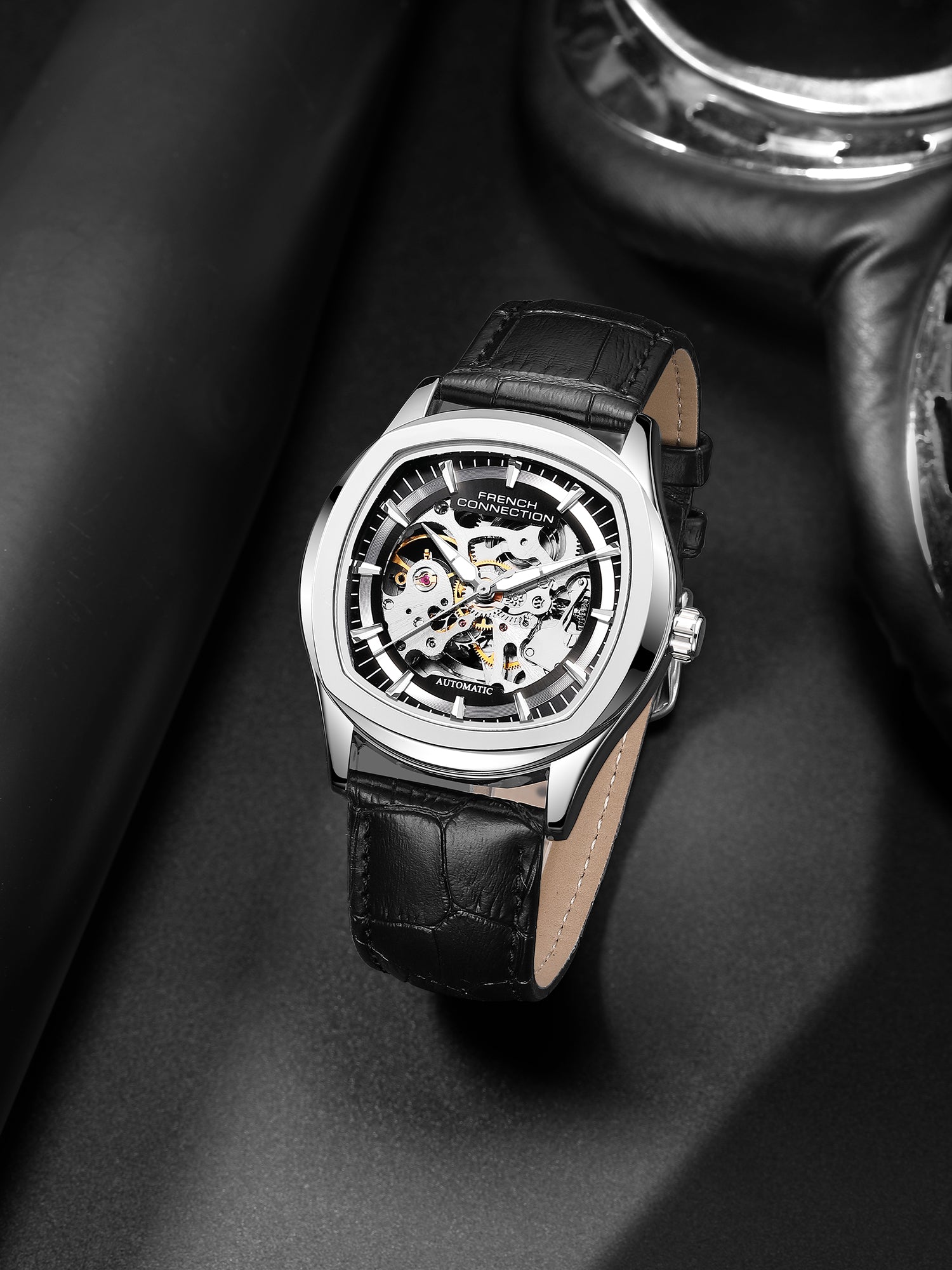 French Connection Gearion | Black Skeleton Dial | Black Leather Automatic Watch for Men - FCA25SBL