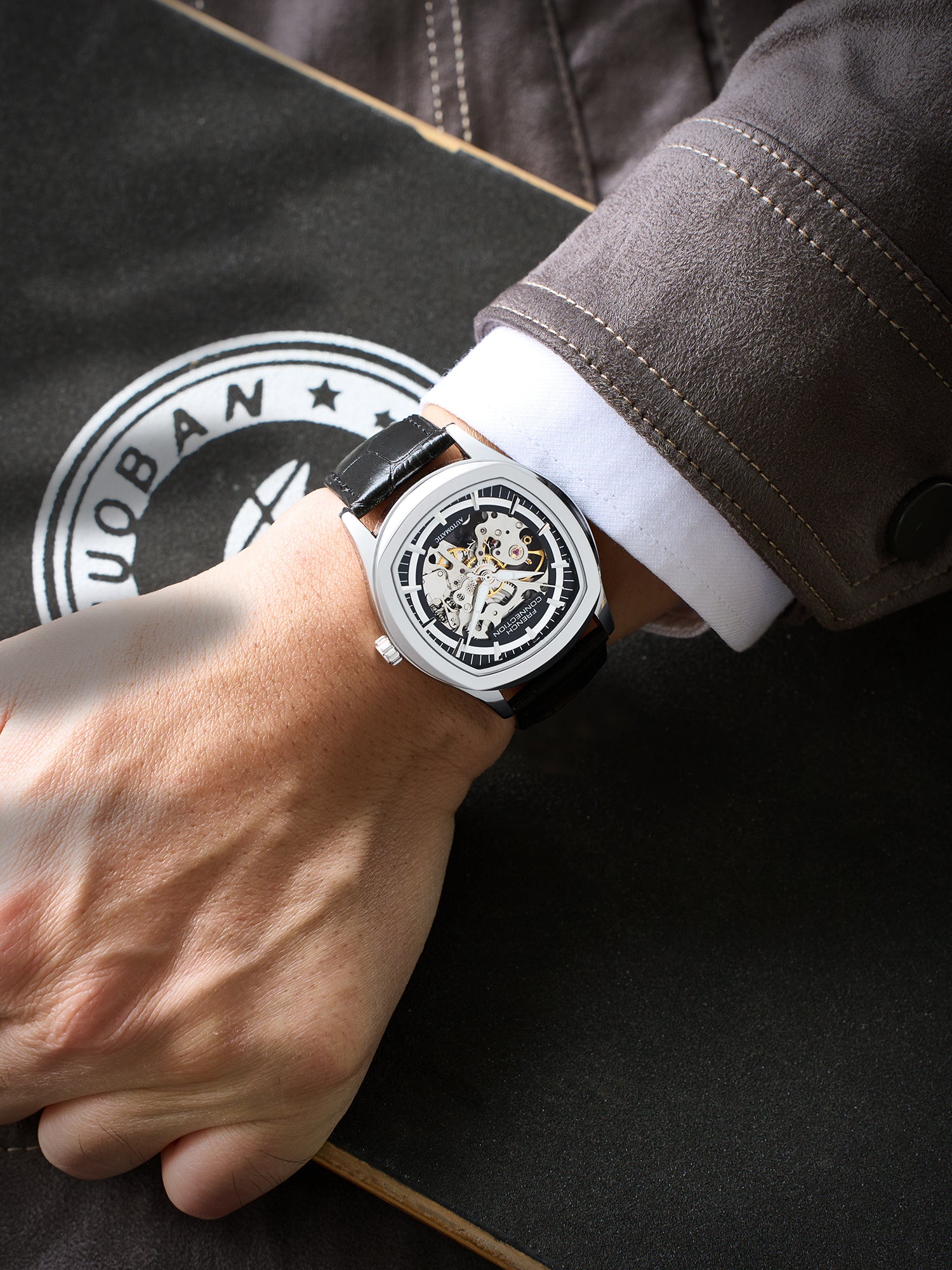 French Connection Gearion | Black Skeleton Dial | Black Leather Automatic Watch for Men - FCA25SBL