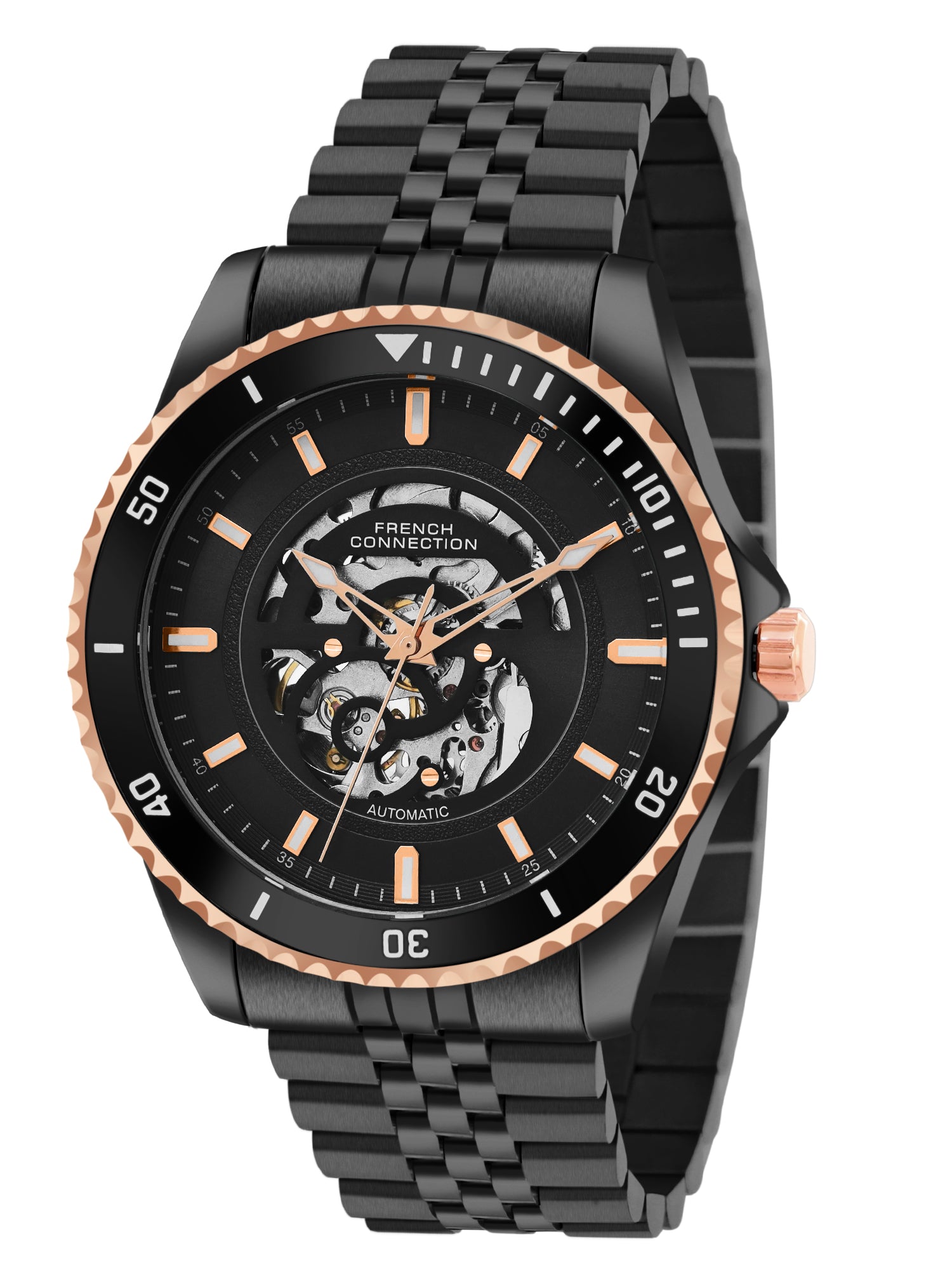 French Connection Aether Drive Men's Automatic Watch with Black Skeleton Dial, Black Stainless Steel Bracelet & Exhibition Case Back – FCA26BBM