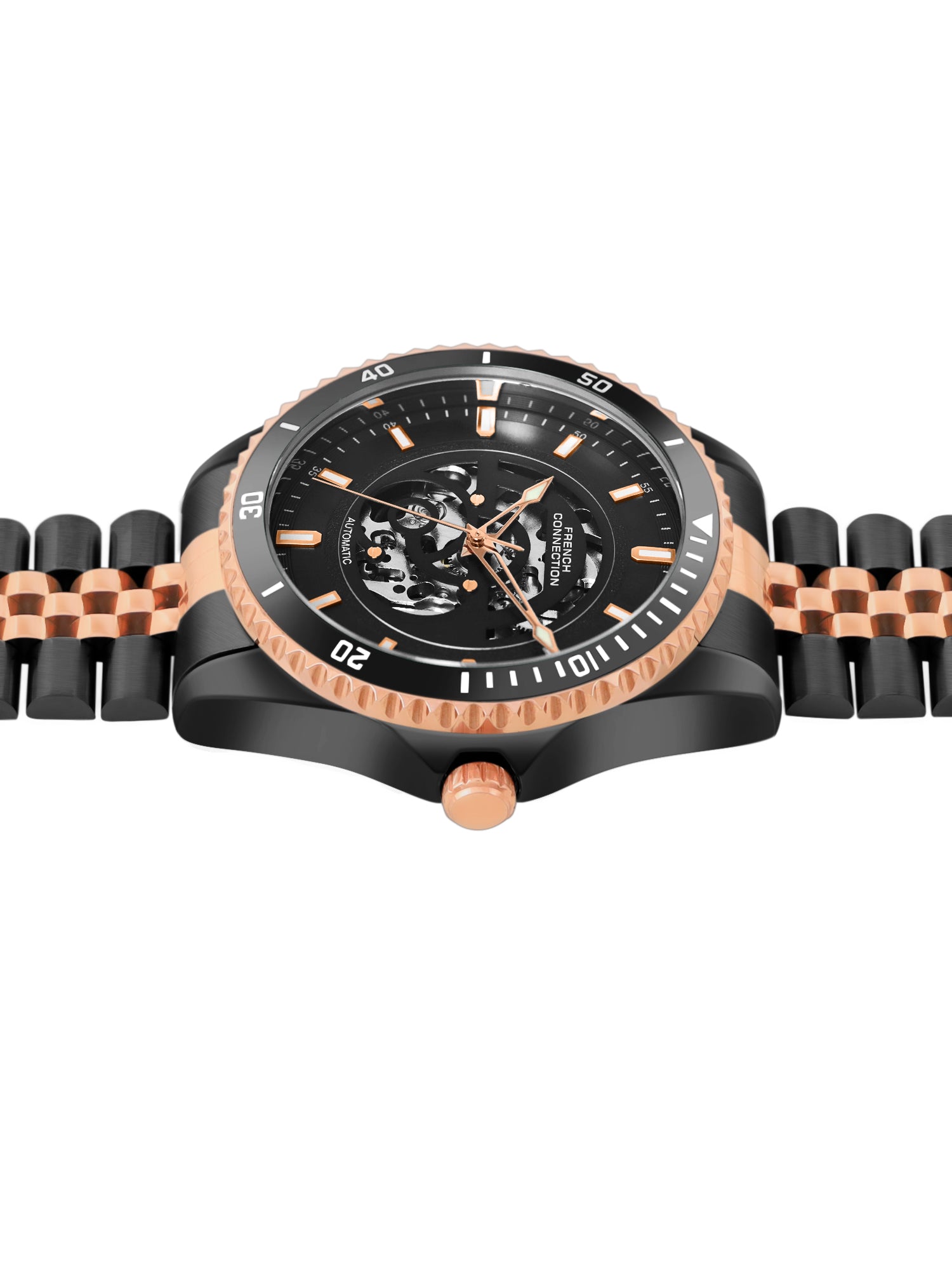 French Connection Aether Drive Men's Automatic Watch with Black Skeleton Dial, Black Stainless Steel Bracelet & Exhibition Case Back – FCA26BBM