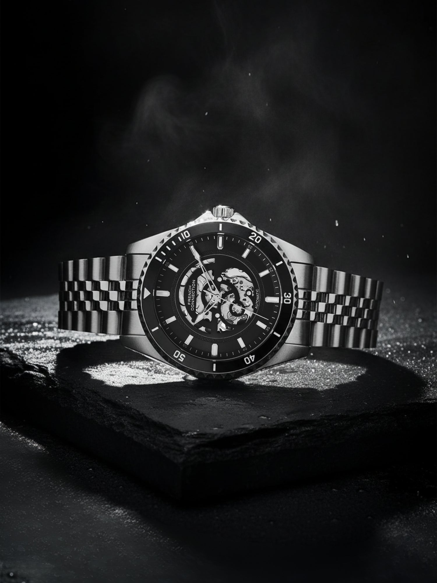 French Connection Aether Drive Men's Automatic Skeleton Watch with Black Sunray Dial, Silver Stainless Steel Bracelet & Exhibition Case Back – FCA26BSM
